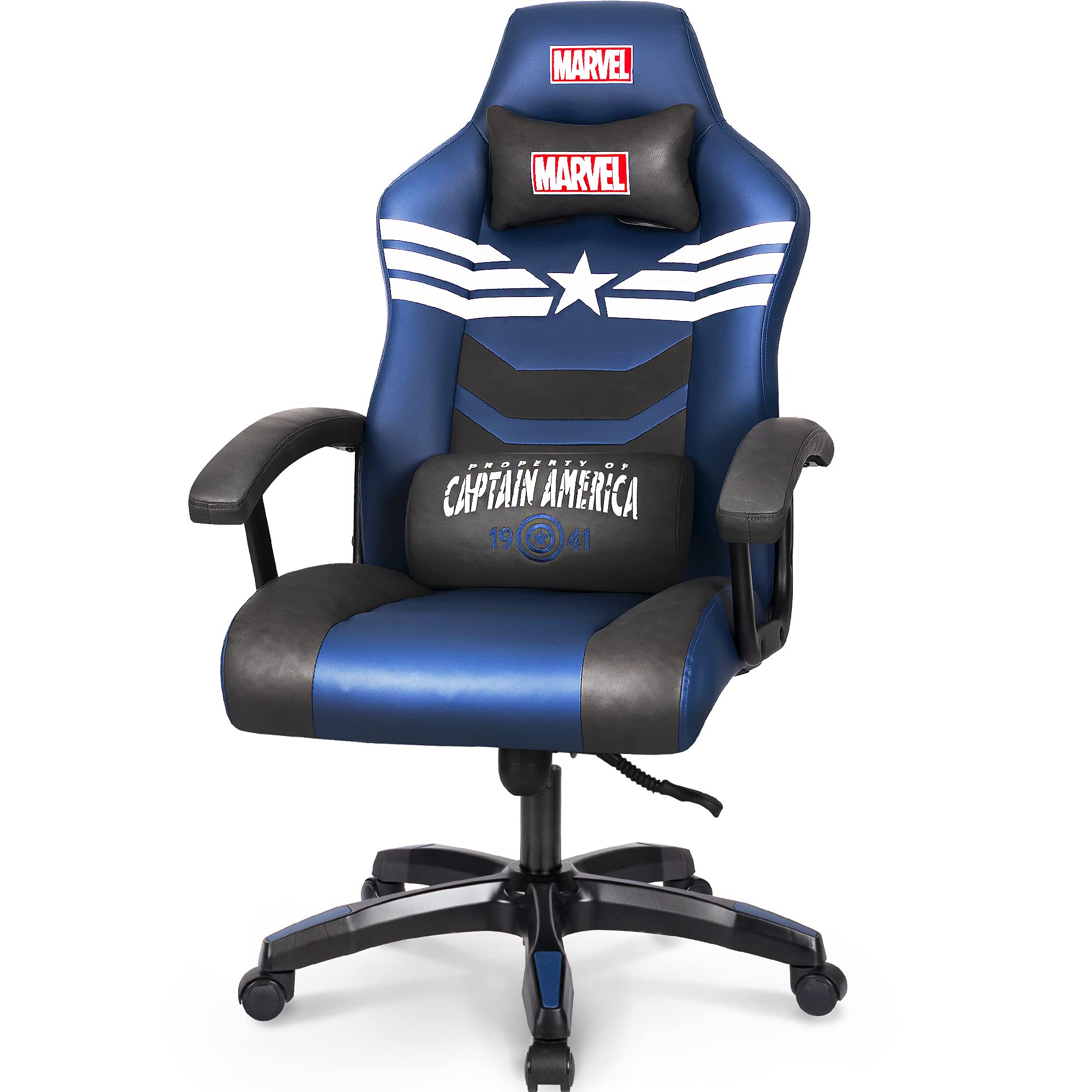 Marvel Avengers Captain America Gaming Chair - High Back Ergonomic Office Computer Chair with Adjustable Swivel, PU Leather, Lumbar Support & Headrest - Perfect for Gaming, Home Office & PC Workstations (Blue)