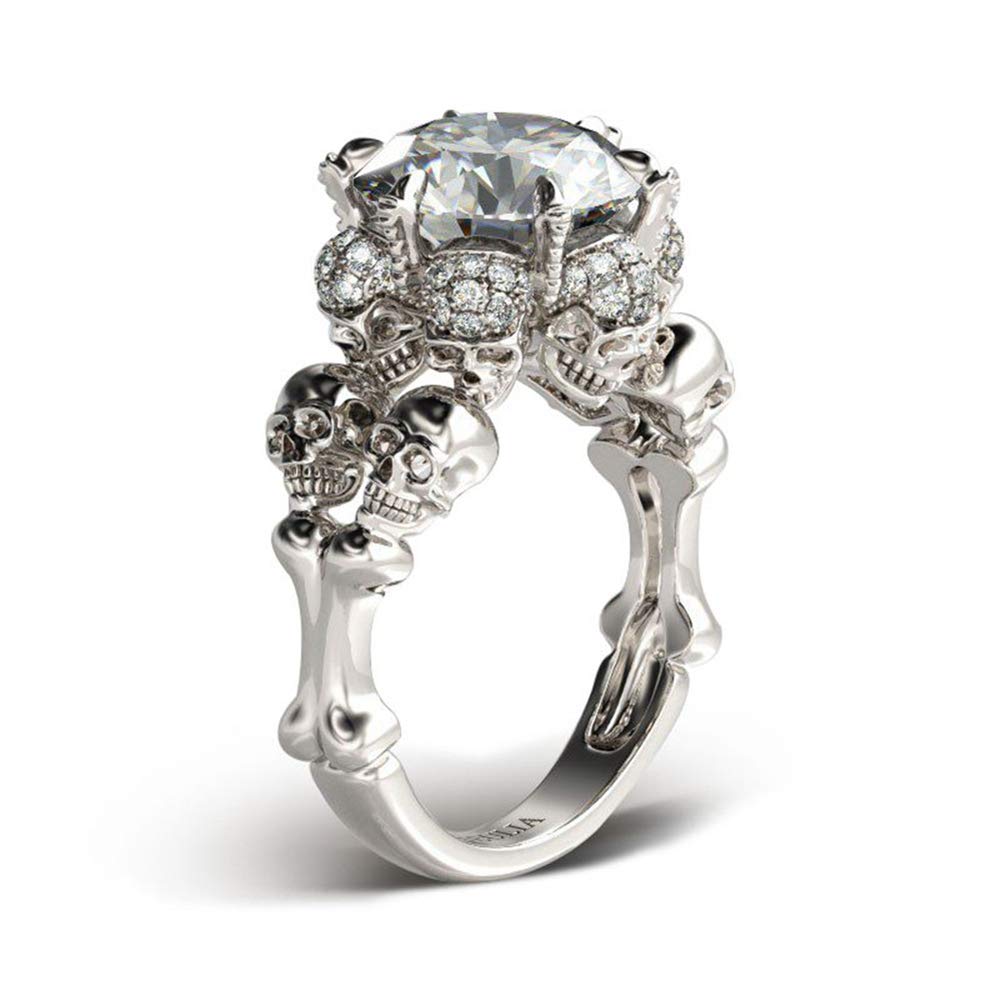 8.4 Carat Cubic Zirconia Skull Ring for Women - 925 Sterling Silver Gothic Wedding Band, Solitaire Engagement Promise Ring with Jewelry Gift Box - Perfect for Brides, Anniversaries, Halloween & Alternative Fashion