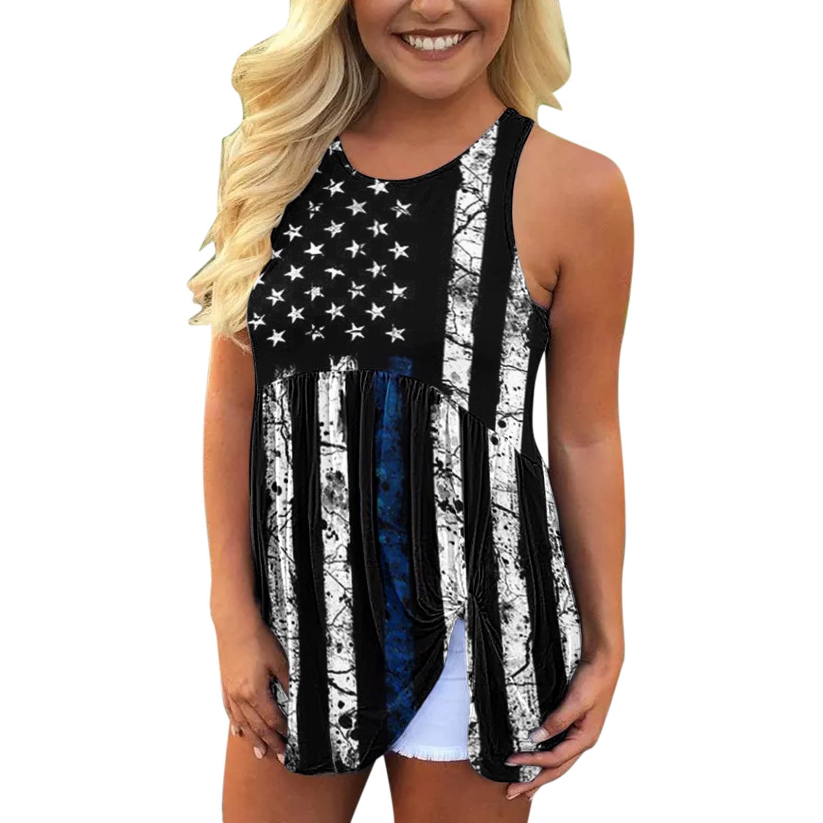 Women's Cropped Tank Tops - Casual Round Neck Printed Loose Fit Blouse with Ruffled Twist Detail | Perfect for Summer Outfits, Beach Wear & Casual Fashion