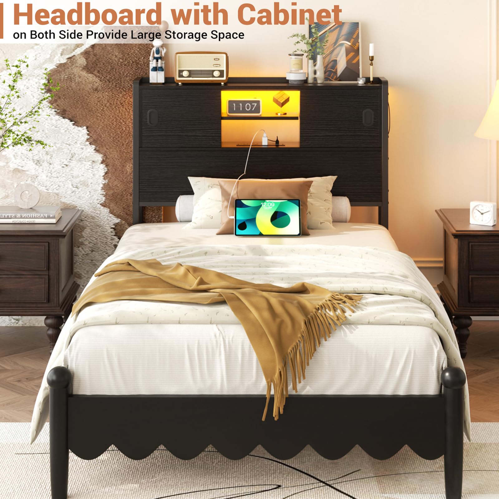 Homieasy Twin Size Headboard with Storage - USB Outlet, LED Light & Bookcase | Sturdy Sliding Door Design | Bed Frame Adapter Included | Perfect for Small Bedrooms, Dorms & Studio Apartments (Black)