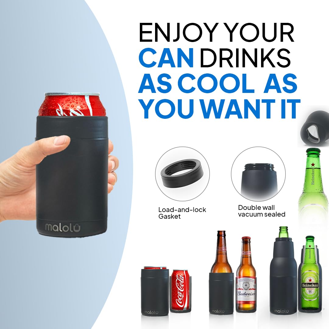 Malolu 4-in-1 Stainless Steel Double Wall Insulated Beer Can Cooler - Freezable Vacuum Insulated Beverage Chiller for 12oz Cans & Bottles, Includes Can/Bottle Opener - Perfect for Parties, BBQs, Camping & Beach Outings