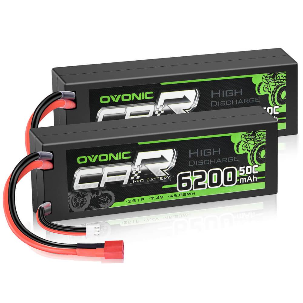 2Pack Ovonic 2S Lipo Battery 6200mAh 7.4V 50C 2S1P Hard Case with Deans Plug - High Performance Rechargeable Battery for 1/8 1/10 RC Cars, Trucks, Boats - Perfect for Racing, Crawling and Off-Road Adventures