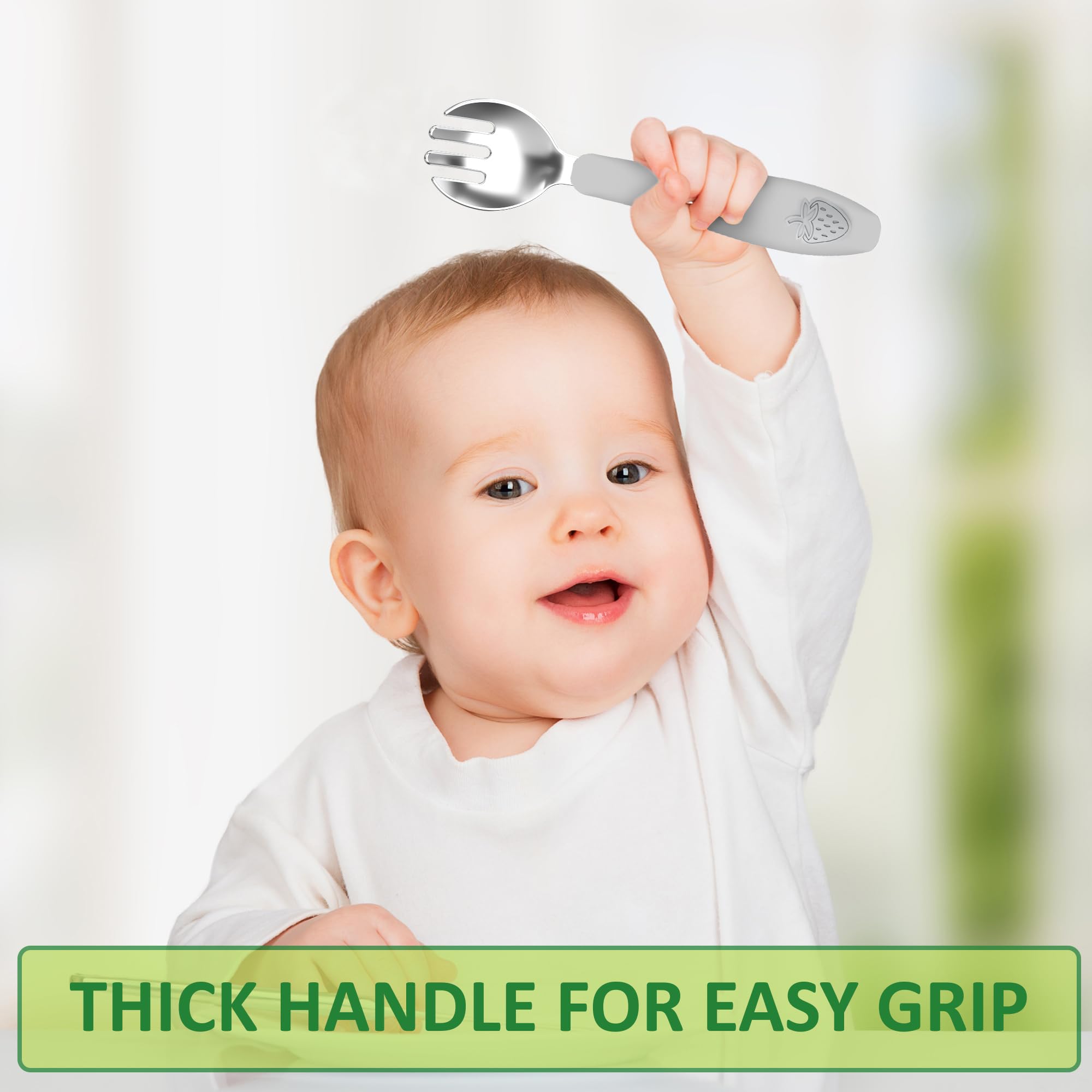 CHILLOUT LIFE Toddler Utensil Set - BPA-Free Stainless Steel Baby Forks & Spoons with Soft Silicone Handles for Self Feeding | Dishwasher Safe | Perfect for Home, Daycare & Travel Meals