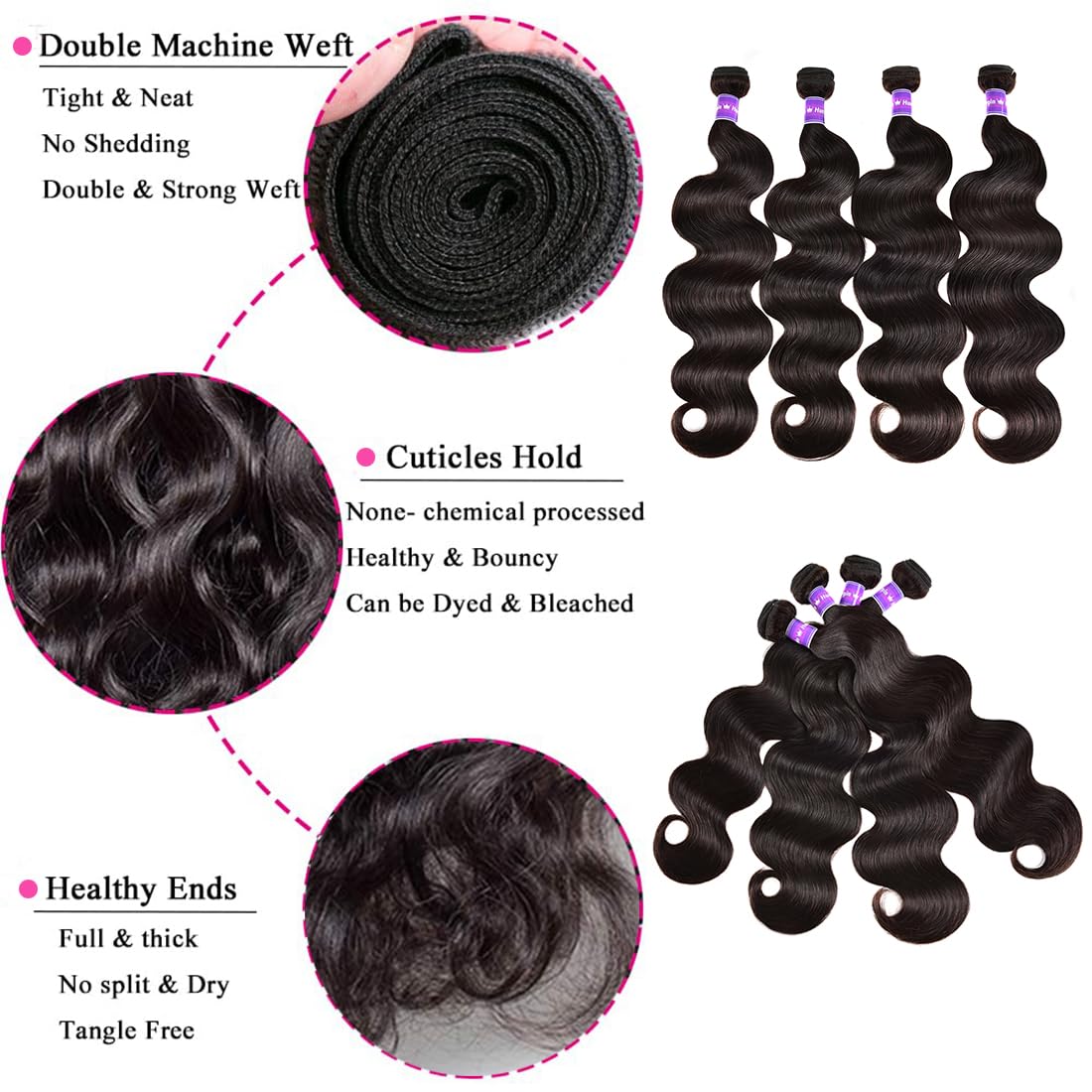 100% Unprocessed Brazilian Virgin Human Hair Bundles - Body Wave 12A Grade 20/22/24/26 Inch 4 Bundles Natural Black Color for Quick Weave Extensions | Perfect for Daily Styling, Special Occasions & Salon Use
