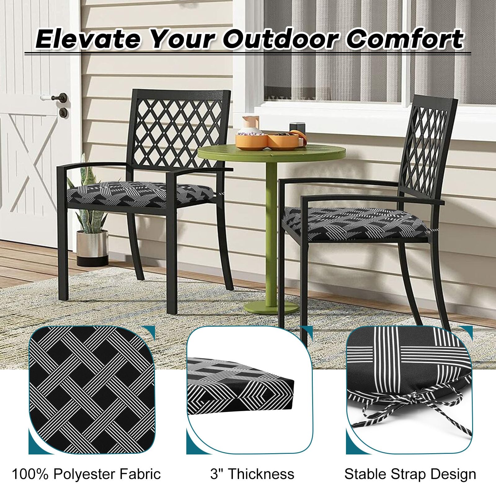 Premium Outdoor Chair Cushions Set of 4 - Water Resistant Patio Furniture Cushions with Secure Ties (17x16x2 Inch) - Black Geometric Pattern - Perfect for Garden, Deck, Poolside & Patio Relaxation