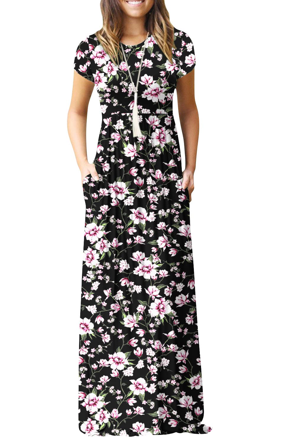 EUOVMY Women's Summer Casual Short Sleeve Loose Fit Plain Maxi Dress with Pockets - Beach Cover Up, Vacation Outfit, Boho Chic Dress for Travel & Everyday Wear