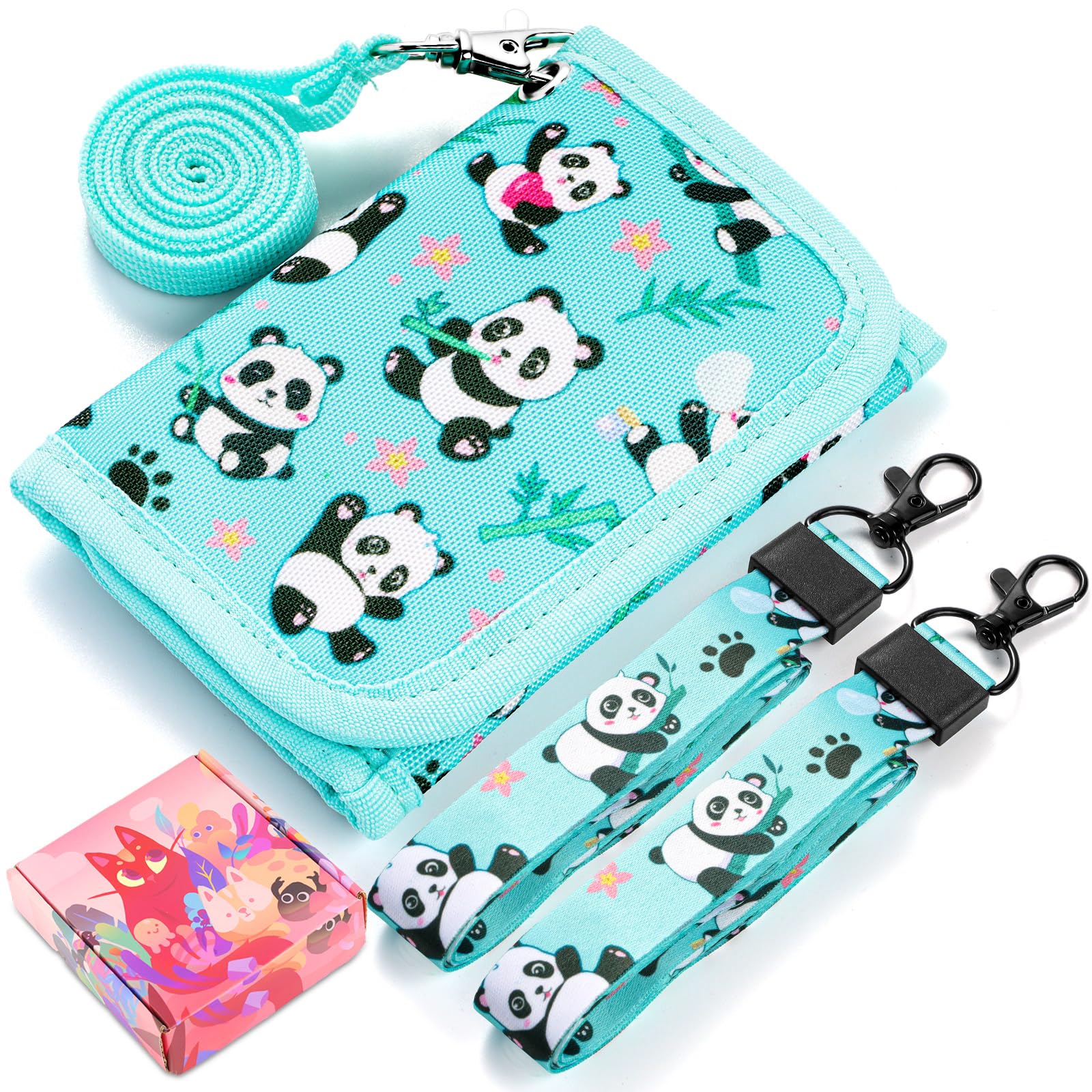 Cute Panda Kids Wallet for Girls Ages 4-10 - Small Toddler Wallet with Adjustable Lanyard (Green Teal) - Perfect for School, Travel & Birthday Gifts