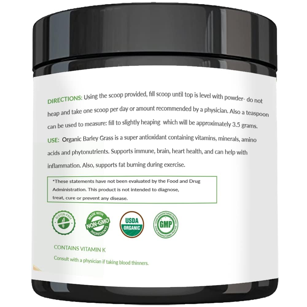Organic Barley Grass Powder - USDA Certified, Non-GMO, Vegan, Rich in Antioxidants, Protein & Fiber - 200g for Smoothies, Detox & Energy Boost