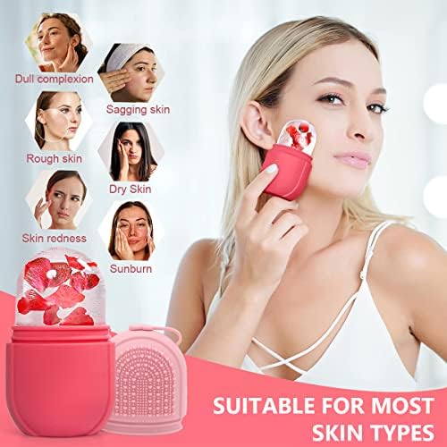 MAYCREATE® Ice Face Roller & Ice Cube Mold Set with Cleansing Brush - Leak-Proof Silicone Facial Massager for Puffiness Relief, Skin Tightening & Glowing Complexion - Perfect Women's Skincare Gift (Pink) | Use for Morning Routine, Post-Workout Recovery & Spa-Like Home Treatments