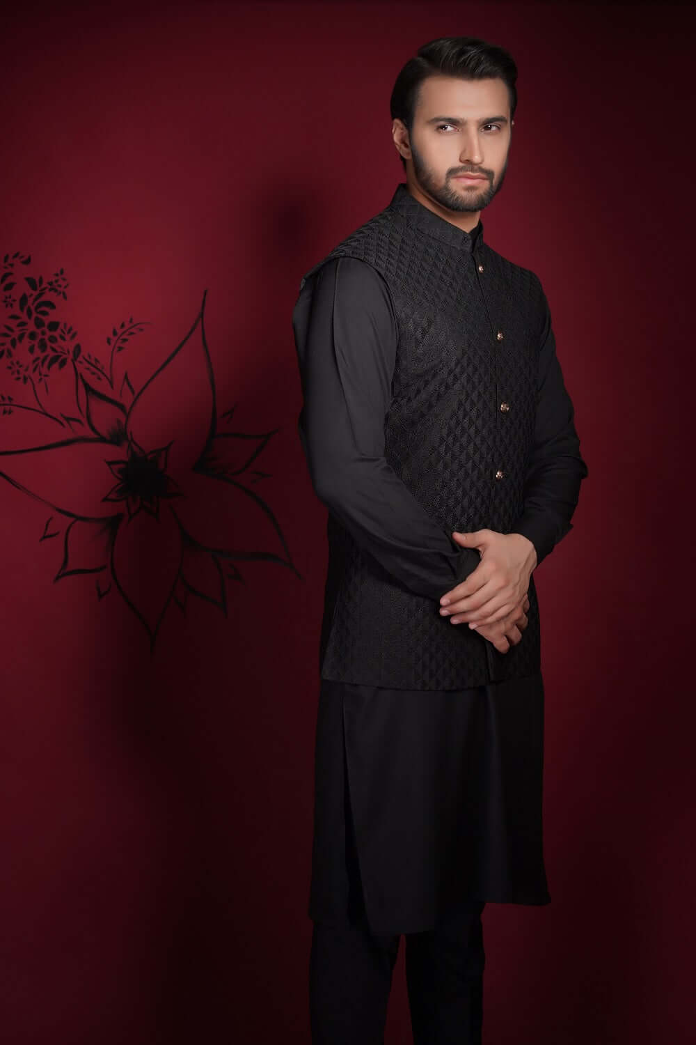 Jet Black Diamond Classic Signature Waistcoat Shawl Set for Men - Elegant Formal Wear for Weddings, Parties & Special Occasions