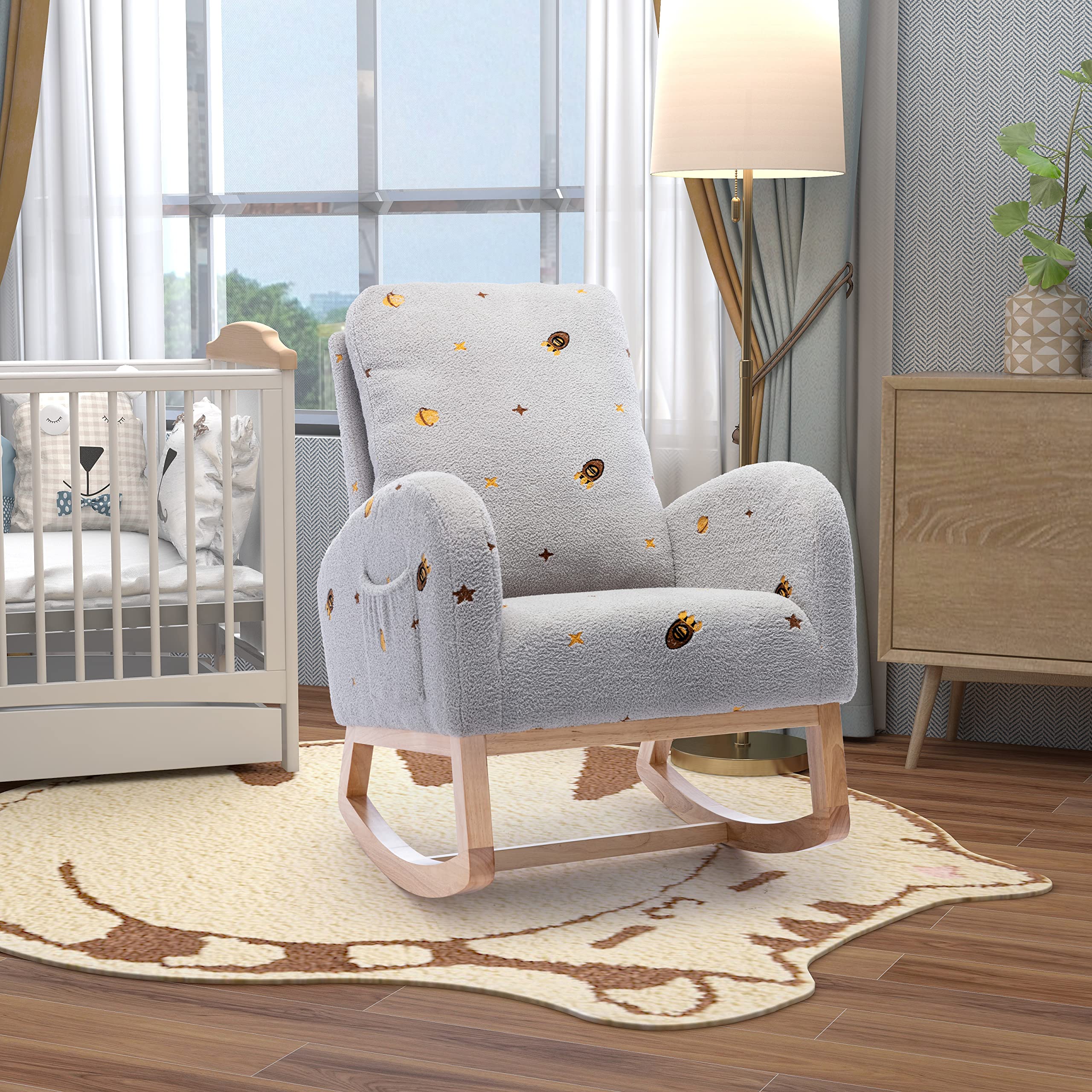Pvillez Modern Upholstered Nursery Glider Rocking Chair - Comfortable Nursing Chair with Side Pocket for Breastfeeding, Baby Room & Living Room (Gray) - Perfect for Relaxing, Nursing & Nursery Decor