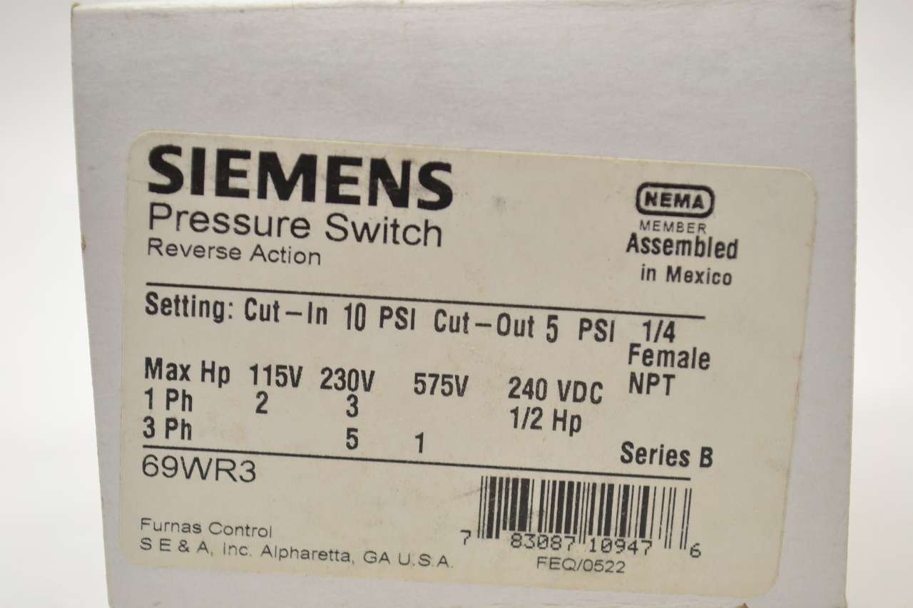 Siemens Furnas 69WR3 Pressure Switch - Heavy Duty Industrial Grade for HVAC, Compressors & Pump Control Systems | Reliable Pressure Regulation for Air & Water Applications