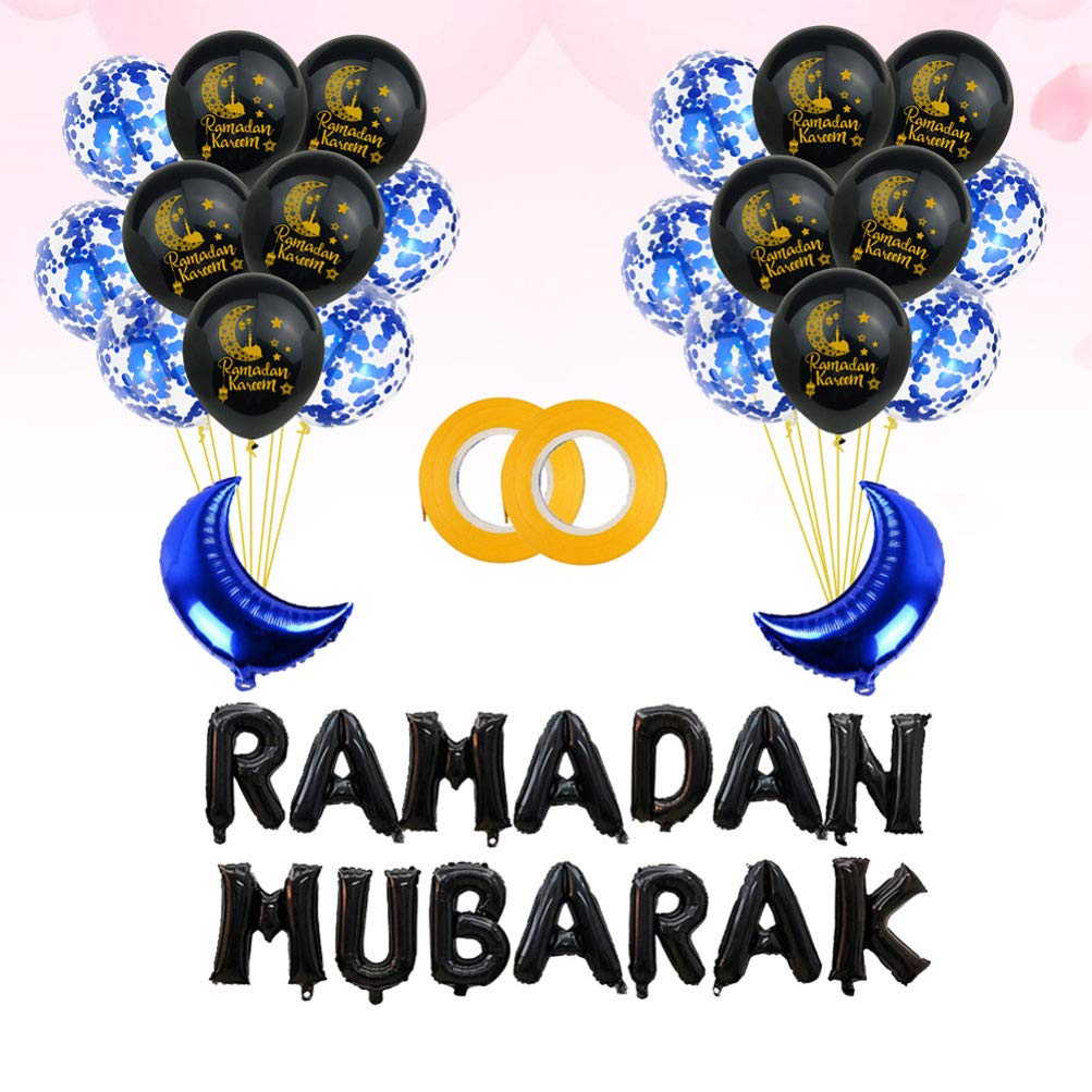 SOIMISS 38pcs Eid Mubarak Foil Balloons - Ramadan Moon & Star Latex Balloon Set with Ribbon - Islamic Festival Party Decorations for Eid Al Fitr, Eid Al Adha, Home & Mosque Celebrations