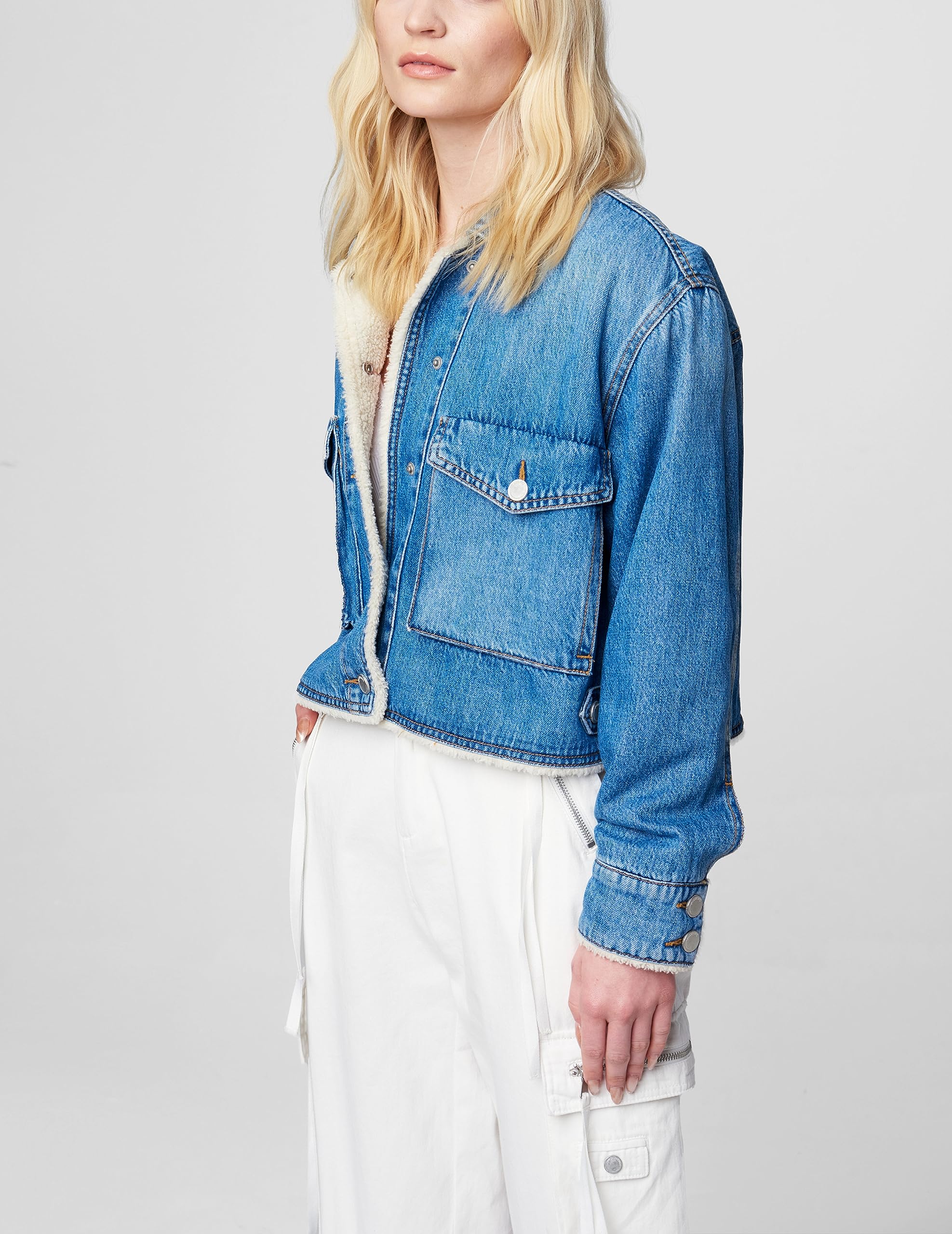 BLANKNYC Women's Cropped Denim Jacket with Sherpa Lining - Stylish & Comfortable Lightweight Coat for Spring & Fall | Perfect for Casual Outfits, Date Nights & Layering