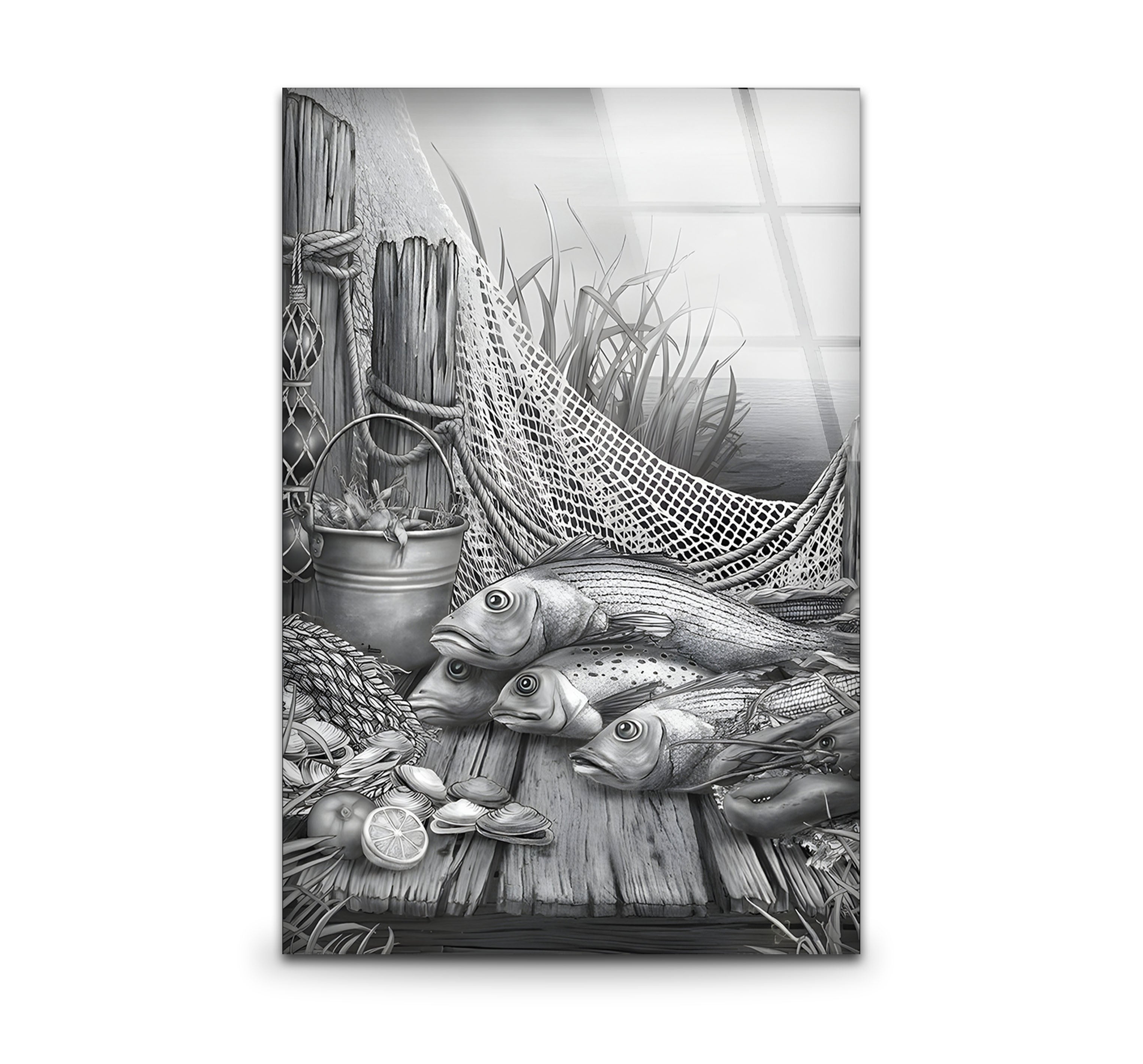 Black and White Fish Art Glass Wall Decor - Elegant Ocean-Themed Mural for Living Room, Bedroom & Office