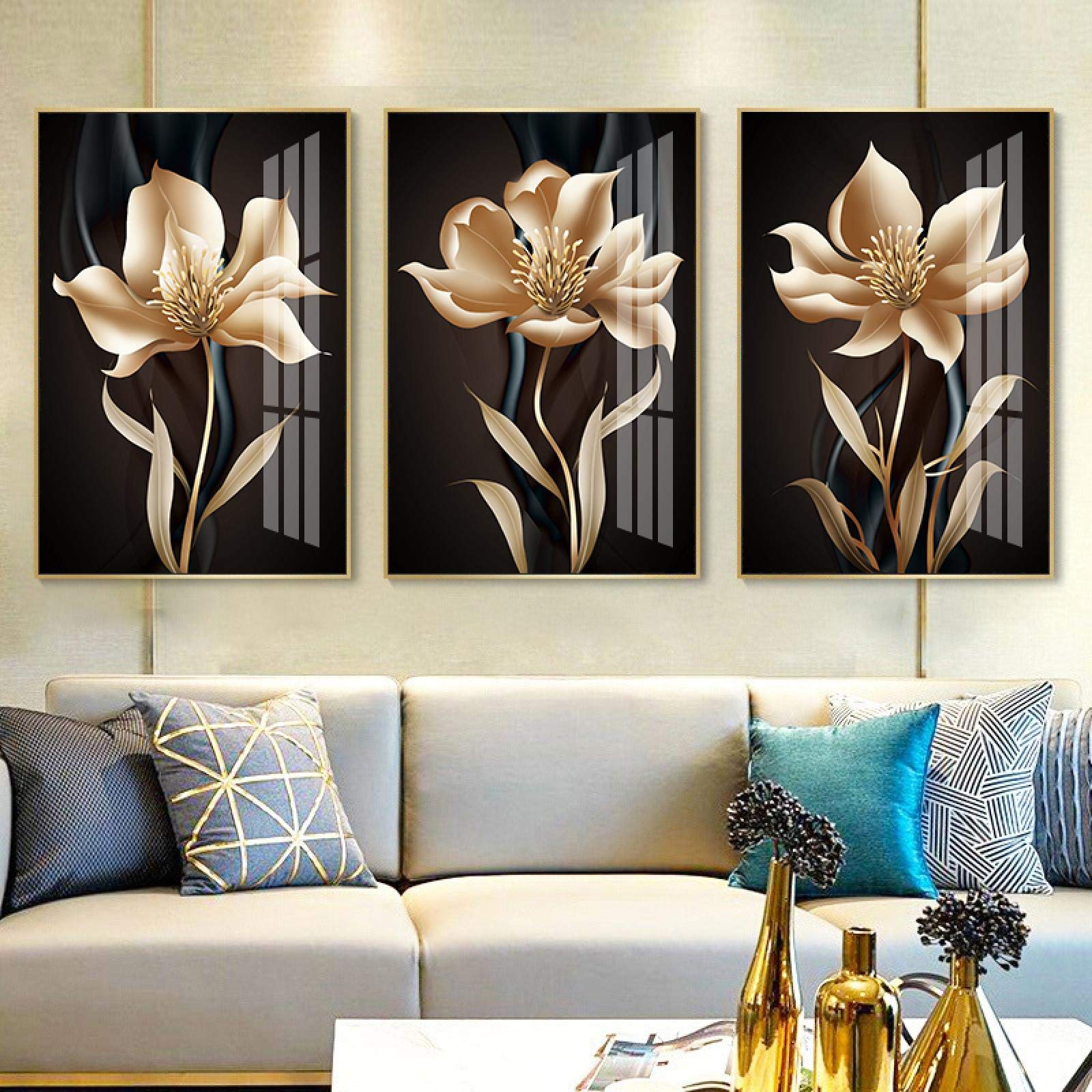 Nordic Golden Flower Wall Art Canvas Painting - Abstract Black Posters & Prints for Modern Living Room Decor - 60x90cm x 3 Panels Frameless - Perfect for Home, Office, and Bedroom Wall Decor