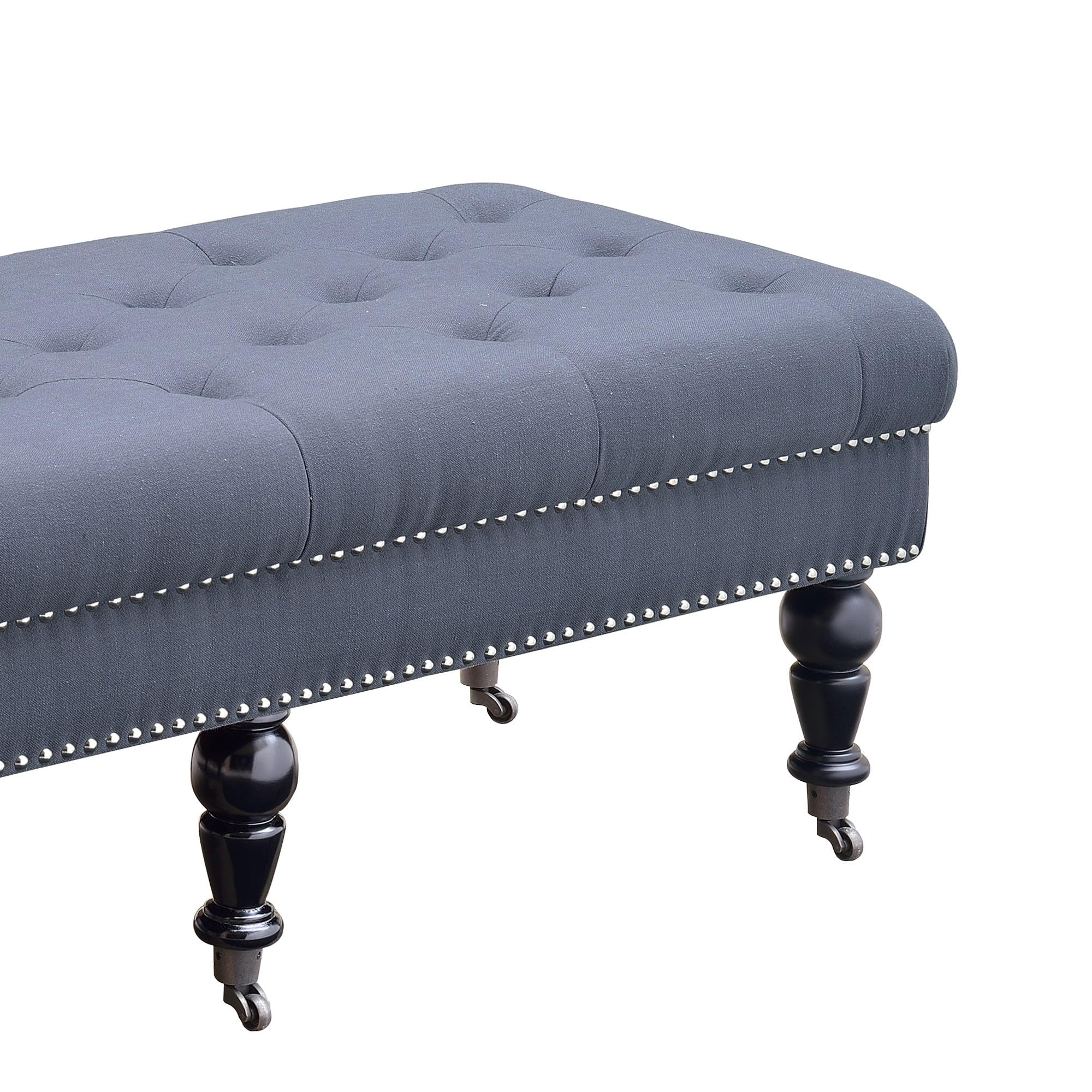 Benjara Button Tufted Upholstered Bench with Caster Wheels - Black & Blue Velvet Storage Ottoman for Bedroom, Living Room, Entryway - Perfect for Seating & Extra Storage