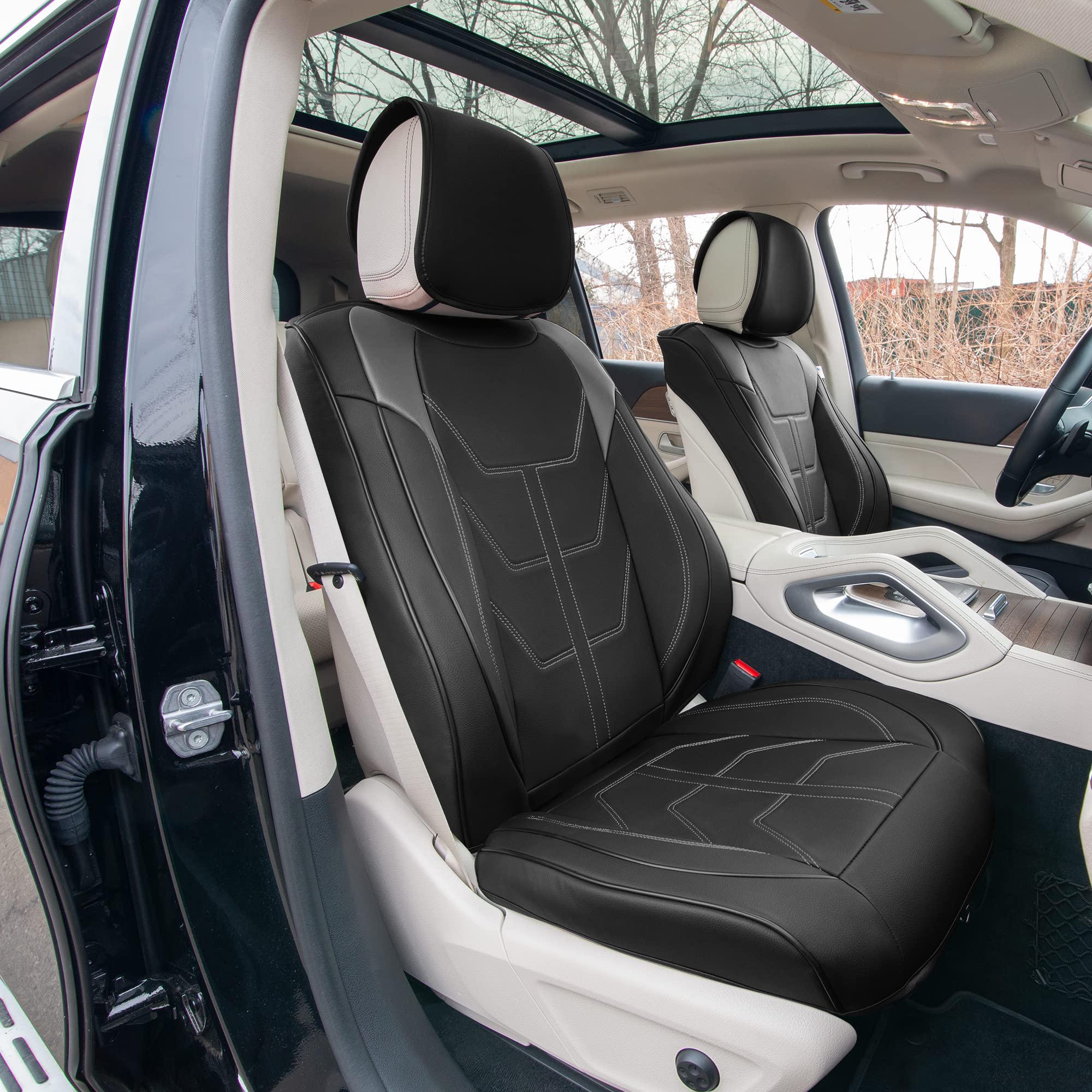 TLH Bionic70 Deluxe Faux Leather Gray Car Seat Covers with Contrast Stitching - 2 Pack Universal Fit Waterproof Seat Protectors for Cars, Trucks & SUVs | Front Set Car Seat Cushions for Comfort & Style | Perfect for Daily Commute, Road Trips & Vehicle Protection