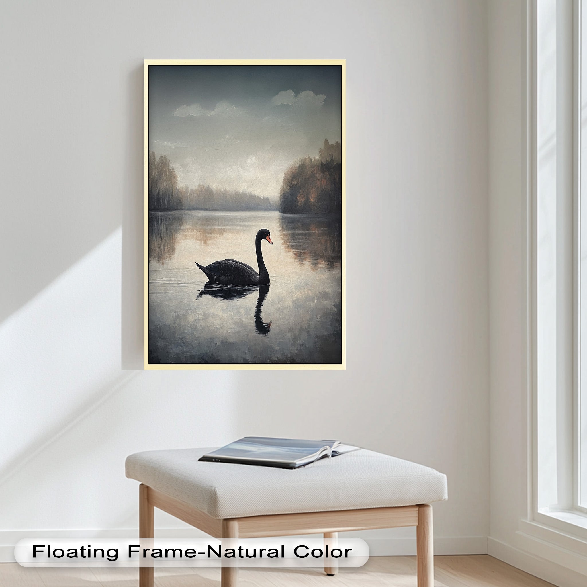 Black Swan at Dusk - Hand Painted Lake Landscape Oil Canvas Artwork - Perfect for Living Room, Bedroom, or Office Wall Decor