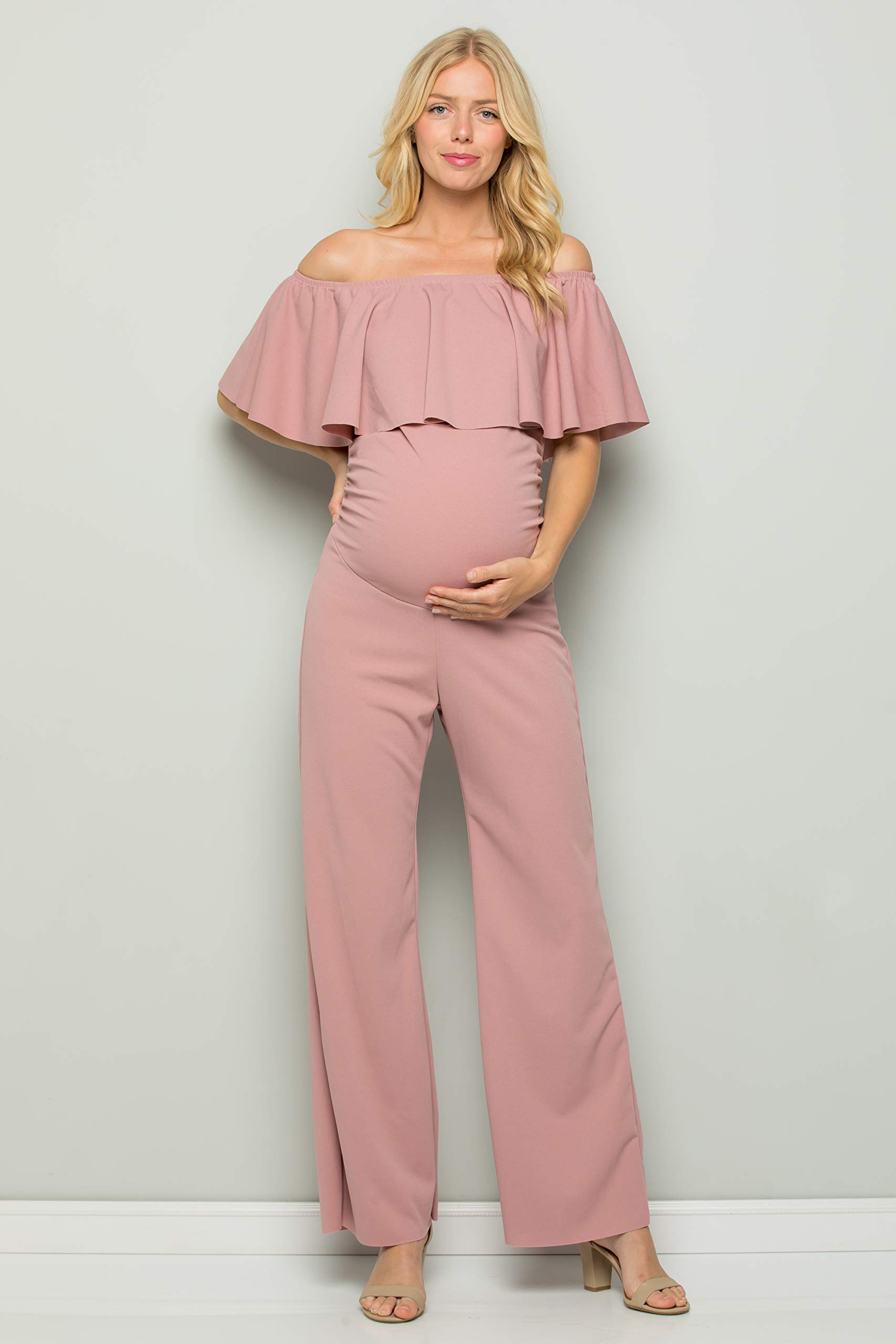 My Bump Maternity Ruffle Off Shoulder Jumpsuit - Made in USA | Stylish Pregnancy Outfit for Baby Showers, Maternity Photos & Special Occasions