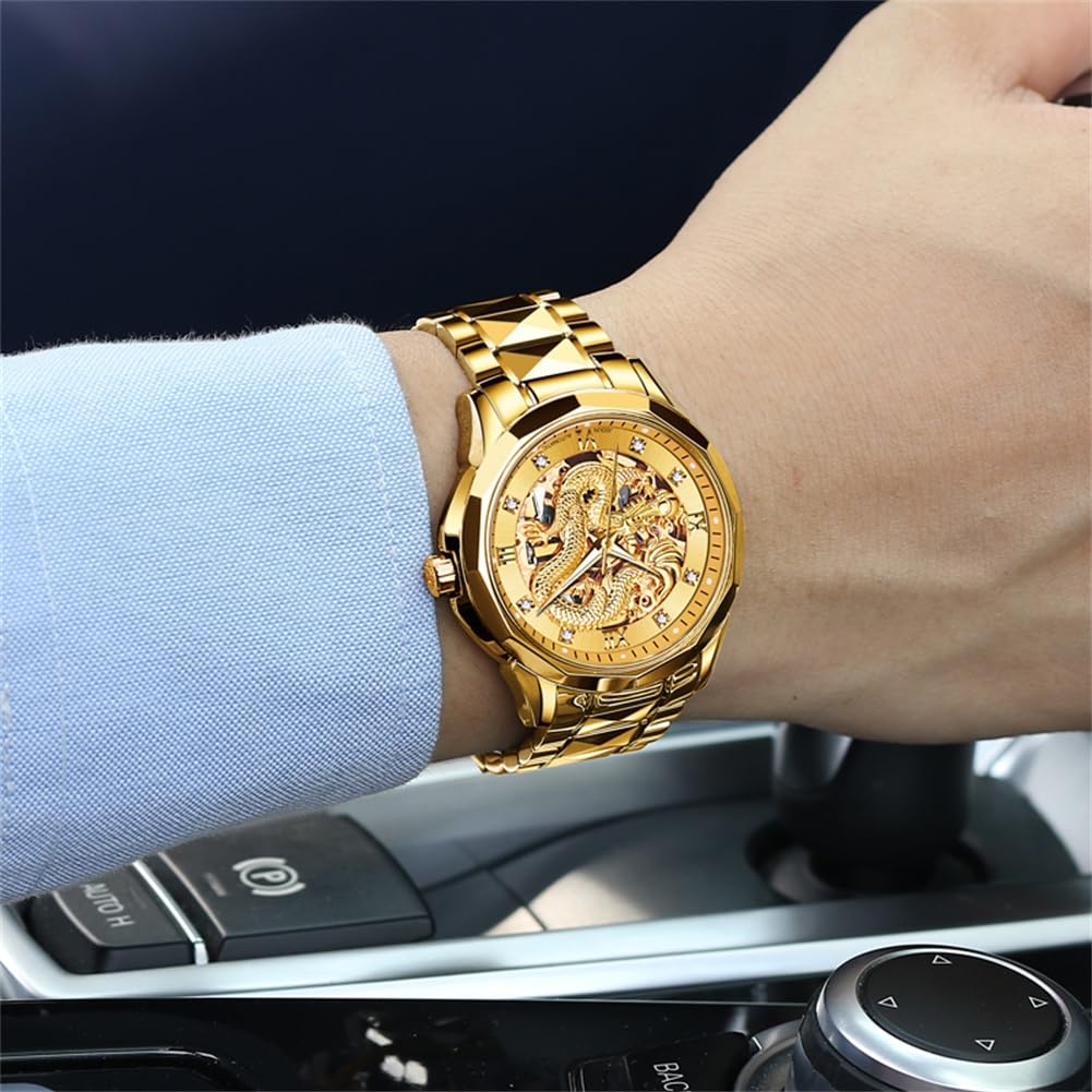 OLEVS Men's Gold Automatic Skeleton Mechanical Watch with Dragon Design - Luxury Tungsten Steel Business Dress Watch, Luminous Hands, 160FT Waterproof, Diamond Accents - Perfect for Formal Events, Business Meetings & Special Occasions