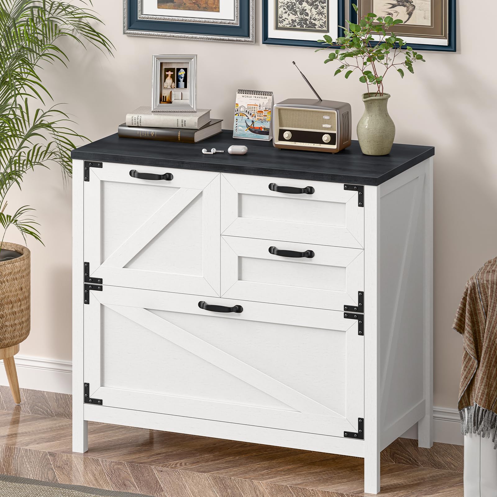 4-Drawer Wood Lateral File Cabinet for Hanging Files - Letter/A4/Legal Size Storage | Farmhouse Style Home Office Furniture | Printer Stand & Office Cabinet in White & Black | Perfect for Document Organization & Workspace Storage