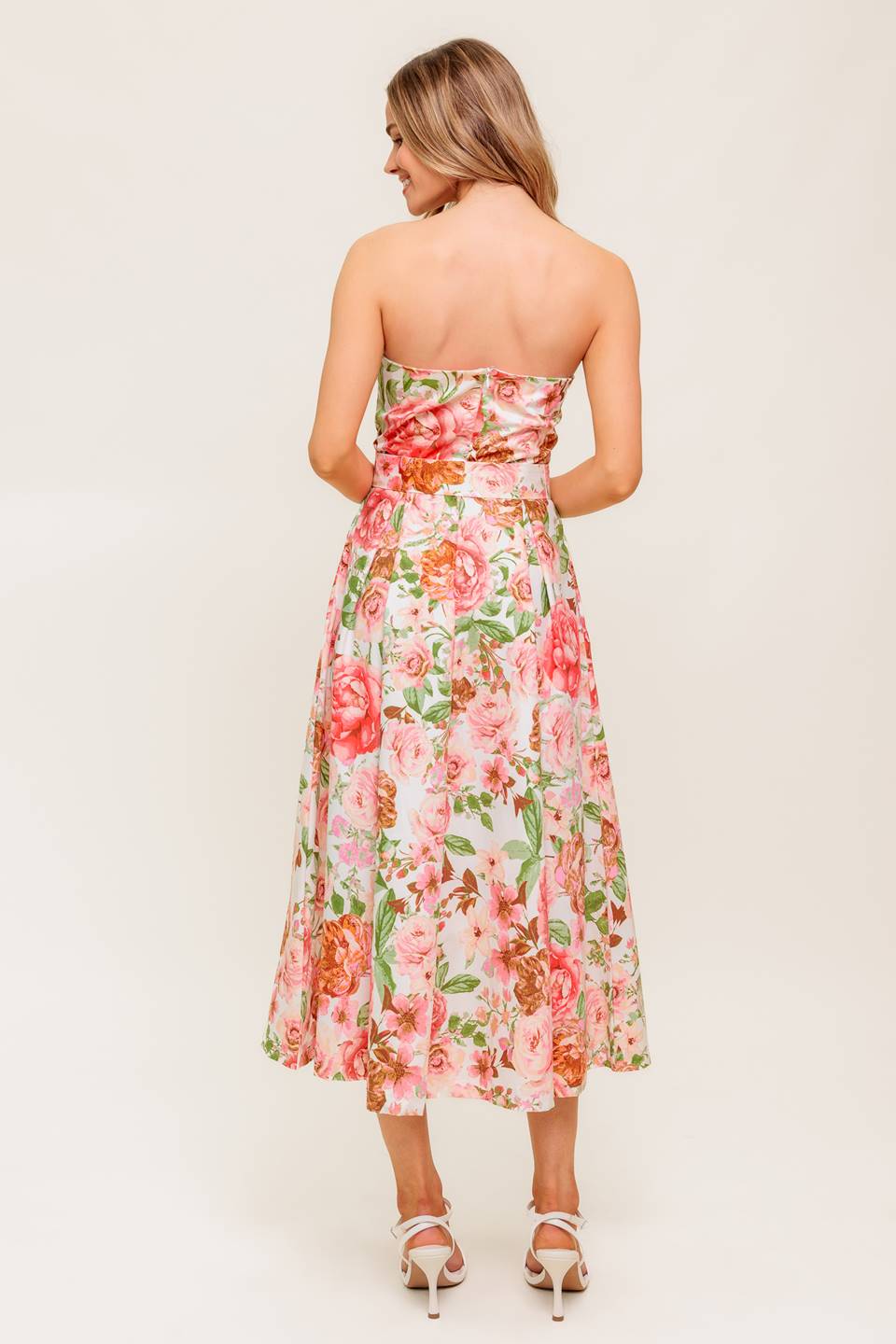 Strapless Midi Dress Pink Floral - Women's Summer Party Cocktail Dress for Beach Wedding & Vacation