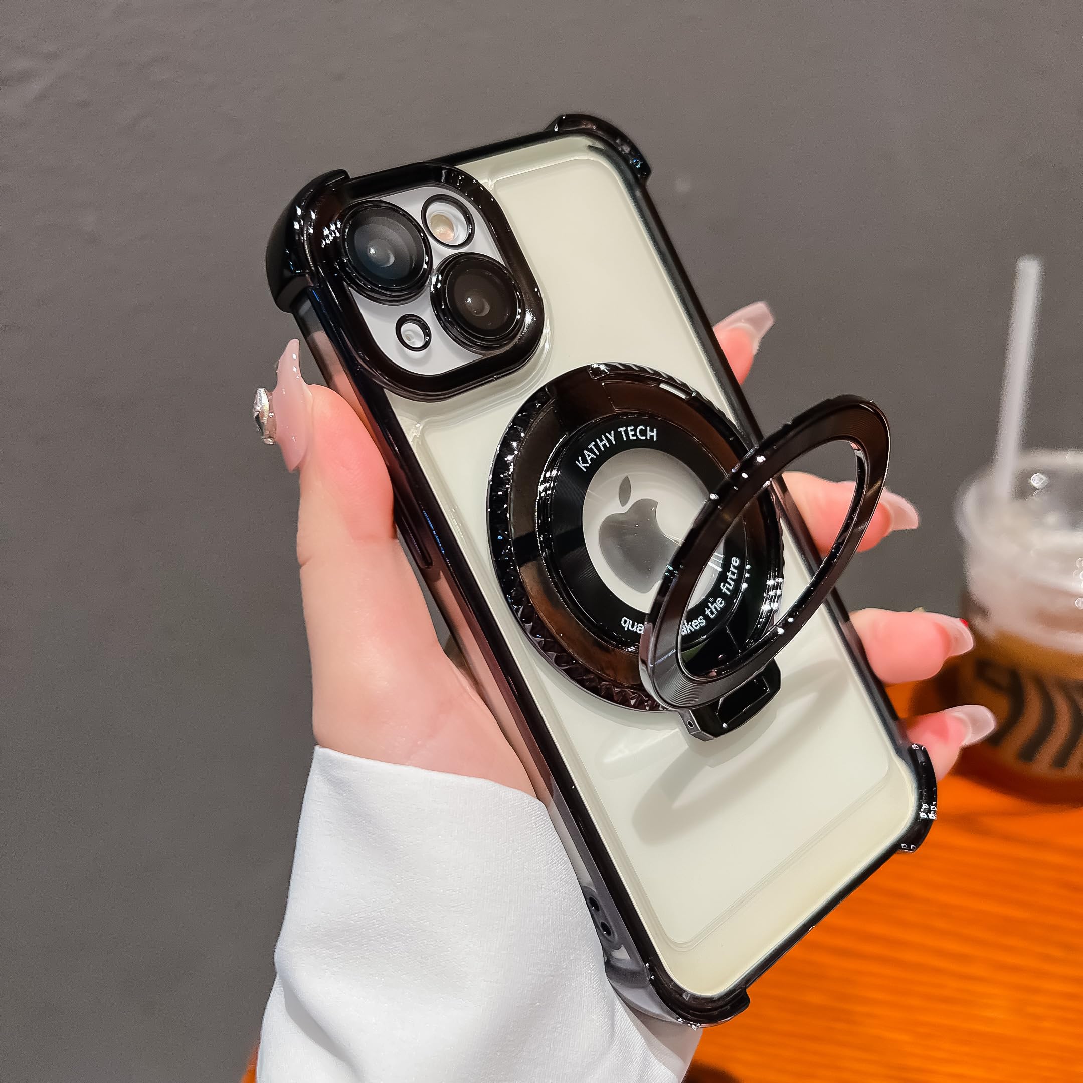 360° Rotatable Magnetic Ring Stand Case for iPhone 14 - [Magsafe Compatible] Protective Phone Cover with Adjustable Stand & Ring Holder - Luxury Clear Women's Case for iPhone 14 (Black) - Perfect for Hands-Free Viewing, Selfies & Secure Grip