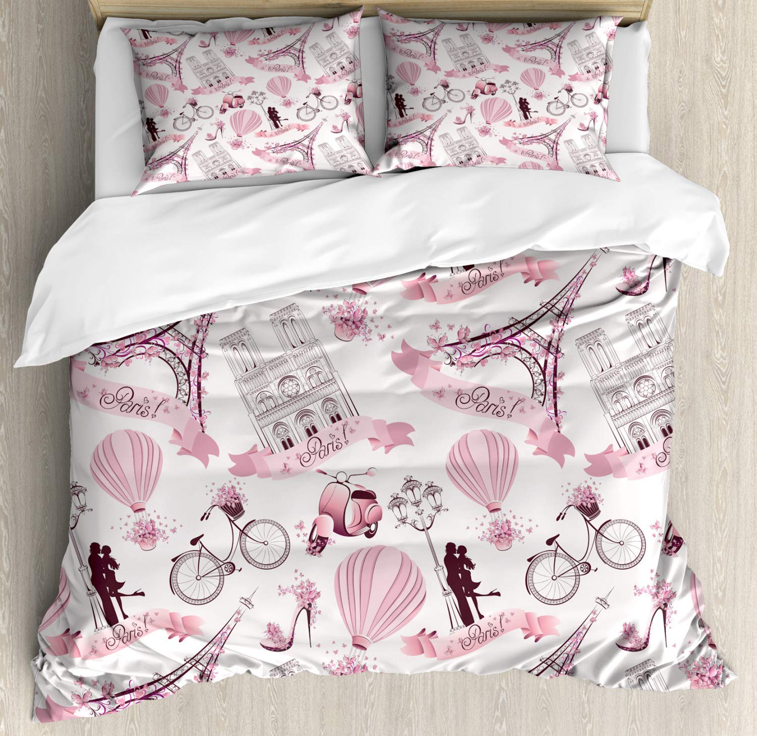 Ambesonne Paris Themed Duvet Cover Set - Eiffel Tower, Hot Air Balloon & Romantic Flowers Design, 3-Piece California King Bedding with 2 Pillow Shams in Pale Pink & White | Perfect for Honeymoon Decor, Travel Enthusiasts & French-Themed Bedrooms