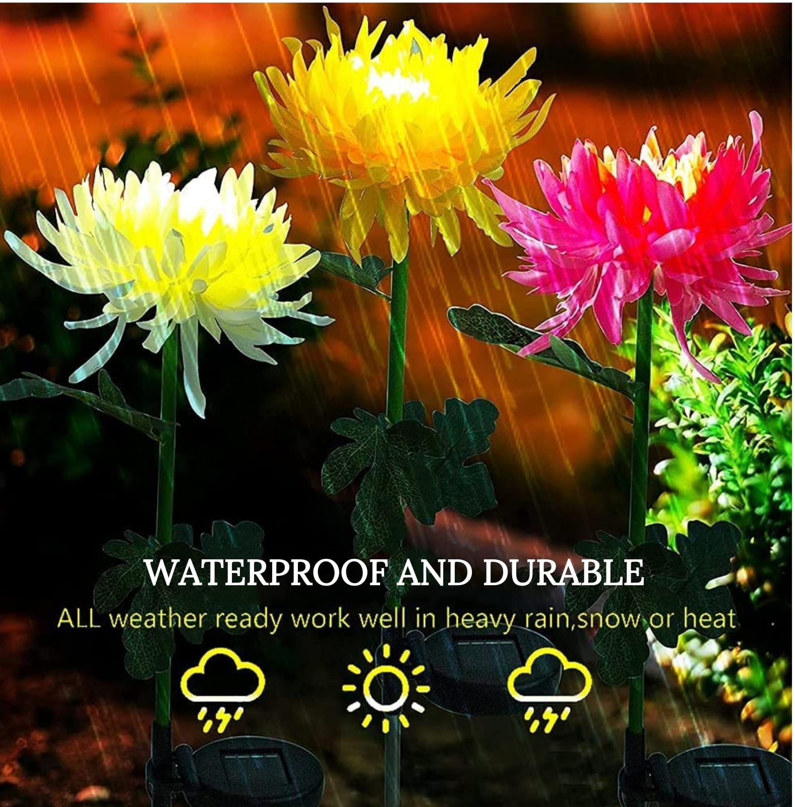 Solar Powered Artificial Chrysanthemum Garden Lights - 3 Pack Waterproof LED Flower Stake Lights for Outdoor Decoration - Perfect for Garden, Pathway, Patio, Lawn, Yard and Cemetery Decor (White)
