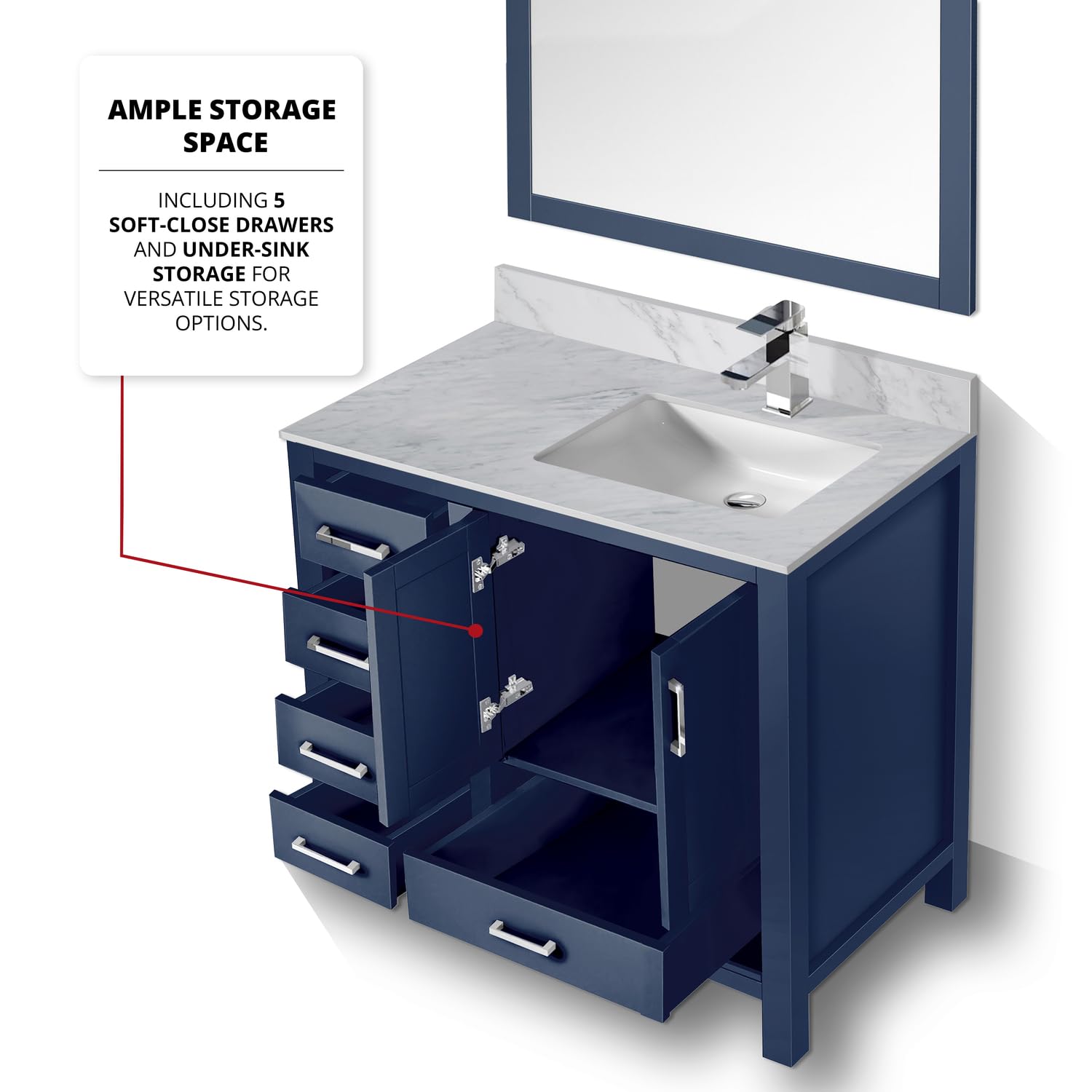 Jacques 36-inch Navy Blue Single Bathroom Vanity Without Top & 34-inch Mirror - Right-Hand Version for Modern Home Bathroom Remodeling