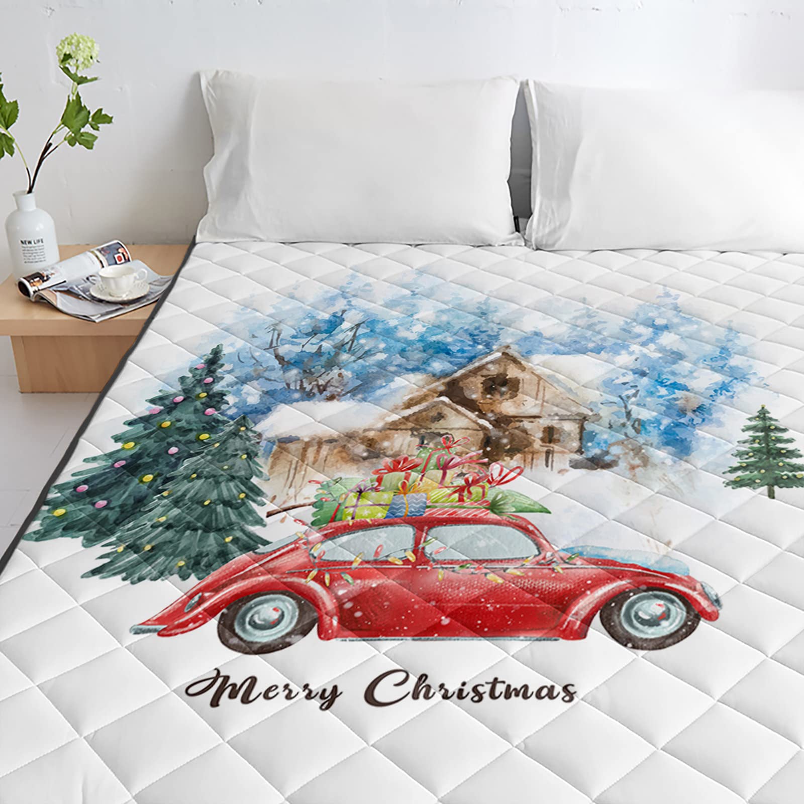 T&H XHome Queen Size Luxury Quilted Comforter - Ultra Soft, Lightweight & Reversible All-Season Bedding Set | Perfect for Christmas Decor, Winter Warmth & Summer Comfort | Snow Village Design with Merry Christmas Truck Pull Gift Theme