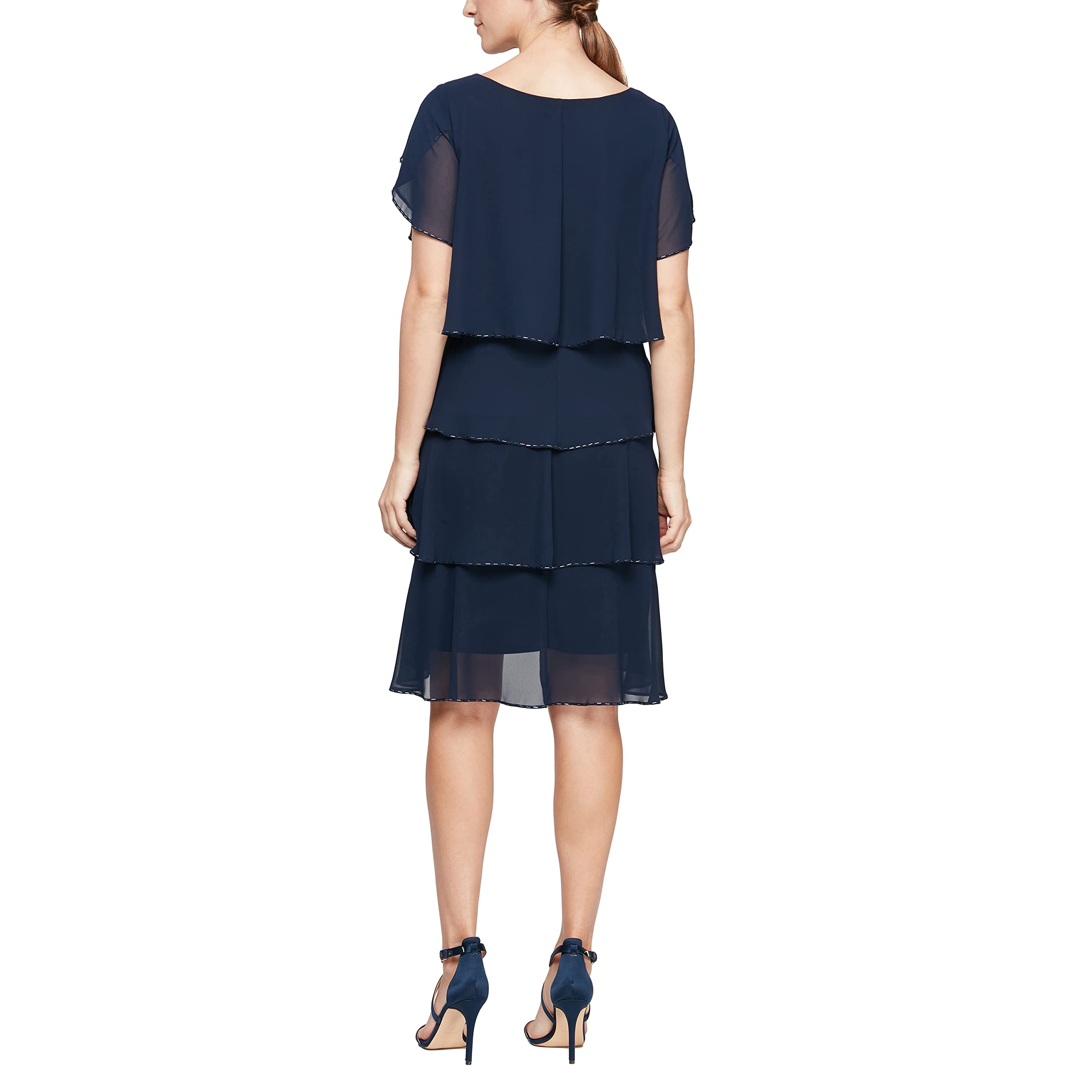S.L. Fashions Women's Elegant Short Tulip Sleeve Tiered Chiffon Cocktail Dress for Wedding Guest, Party & Special Occasions - Available in Petite and Regular Sizes