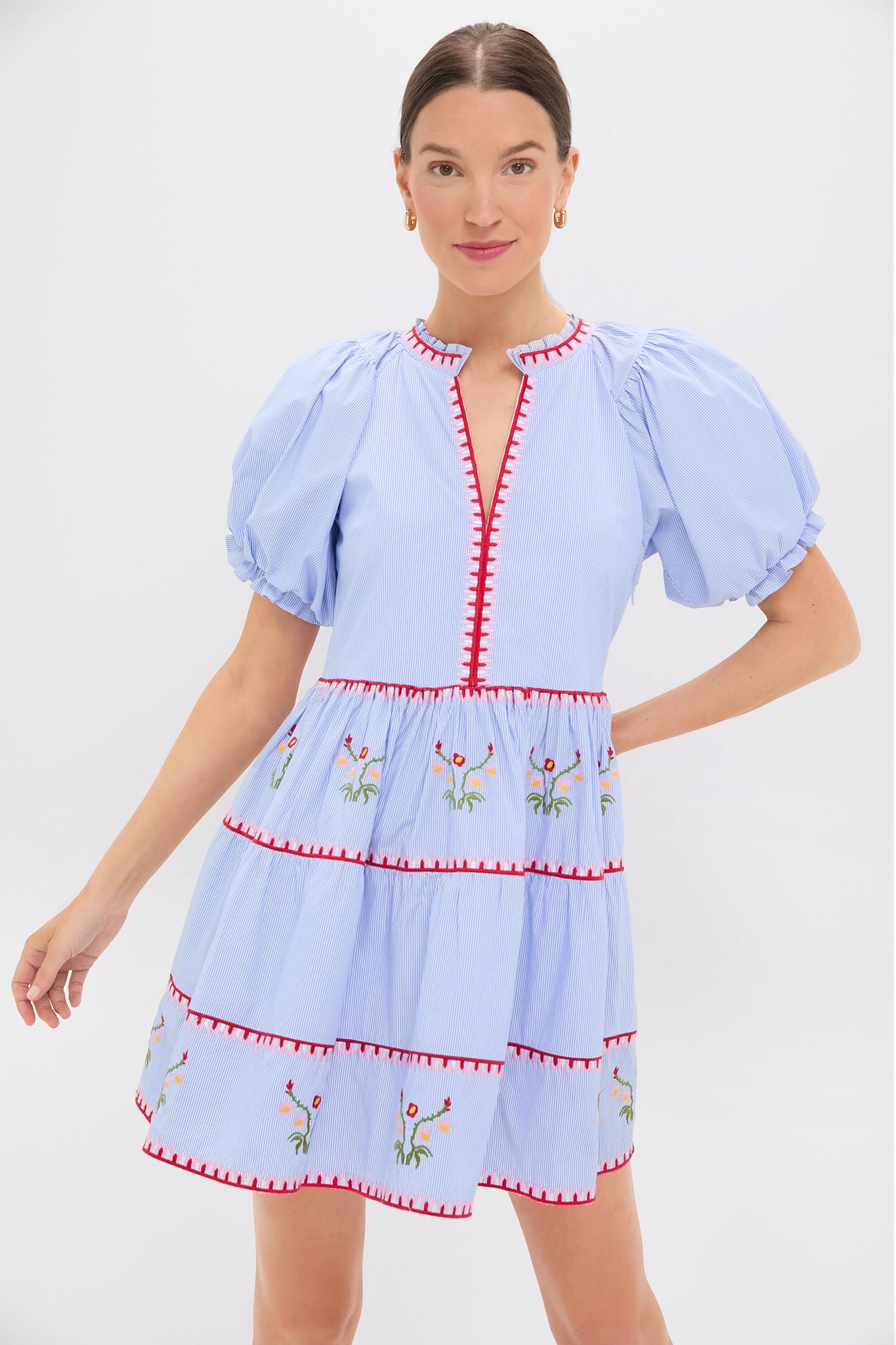 Blue Pinstripe Embroidered V-Neck Lillian Mini Dress for Women - Elegant Cocktail Party & Summer Wedding Guest Outfit
