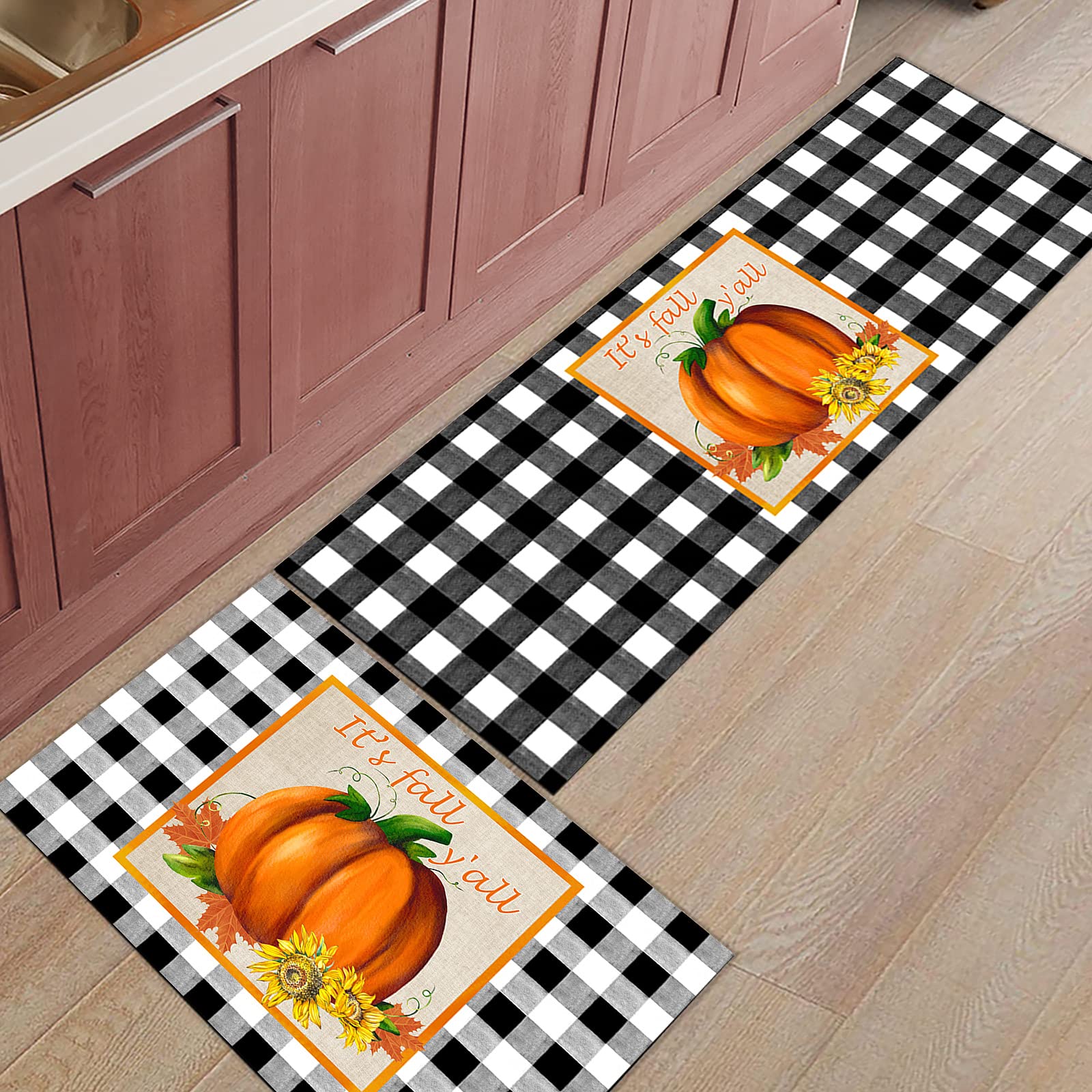 2-Piece Farmhouse Kitchen Rug Set - Non-Slip Autumn Harvest Pumpkin & Floral Plaid Design - Indoor Entrance Mats for Cozy Home Decor (Perfect for Farmhouse Kitchens, Entryways, and High-Traffic Areas)
