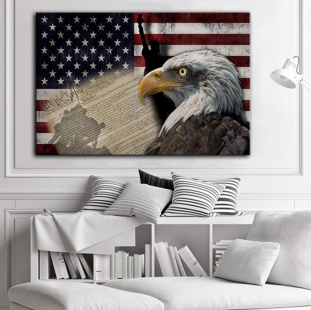 Patriotic American Flag & Bald Eagle Canvas Wall Art - Statue of Liberty & US Declaration of Independence Painting - Framed Ready to Hang Home Decor for Living Room, Office & Man Cave - Perfect for Fourth of July & Veterans Day Decorations