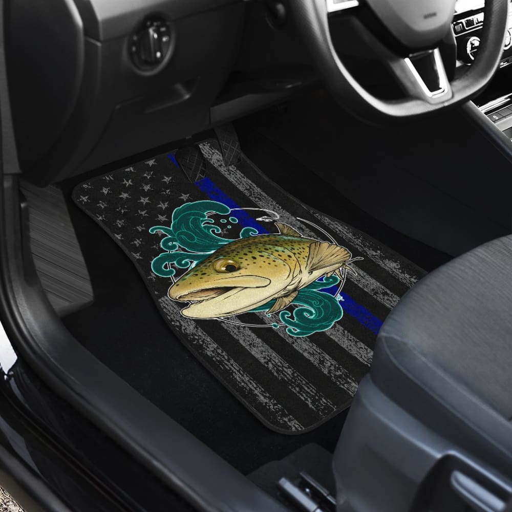 Premium Brook Trout Fishing & Thin Blue Line American Flag Car Floor Mats - All-Weather Protection for Trucks, SUVs & Vehicles - Perfect for Outdoor Enthusiasts & First Responders