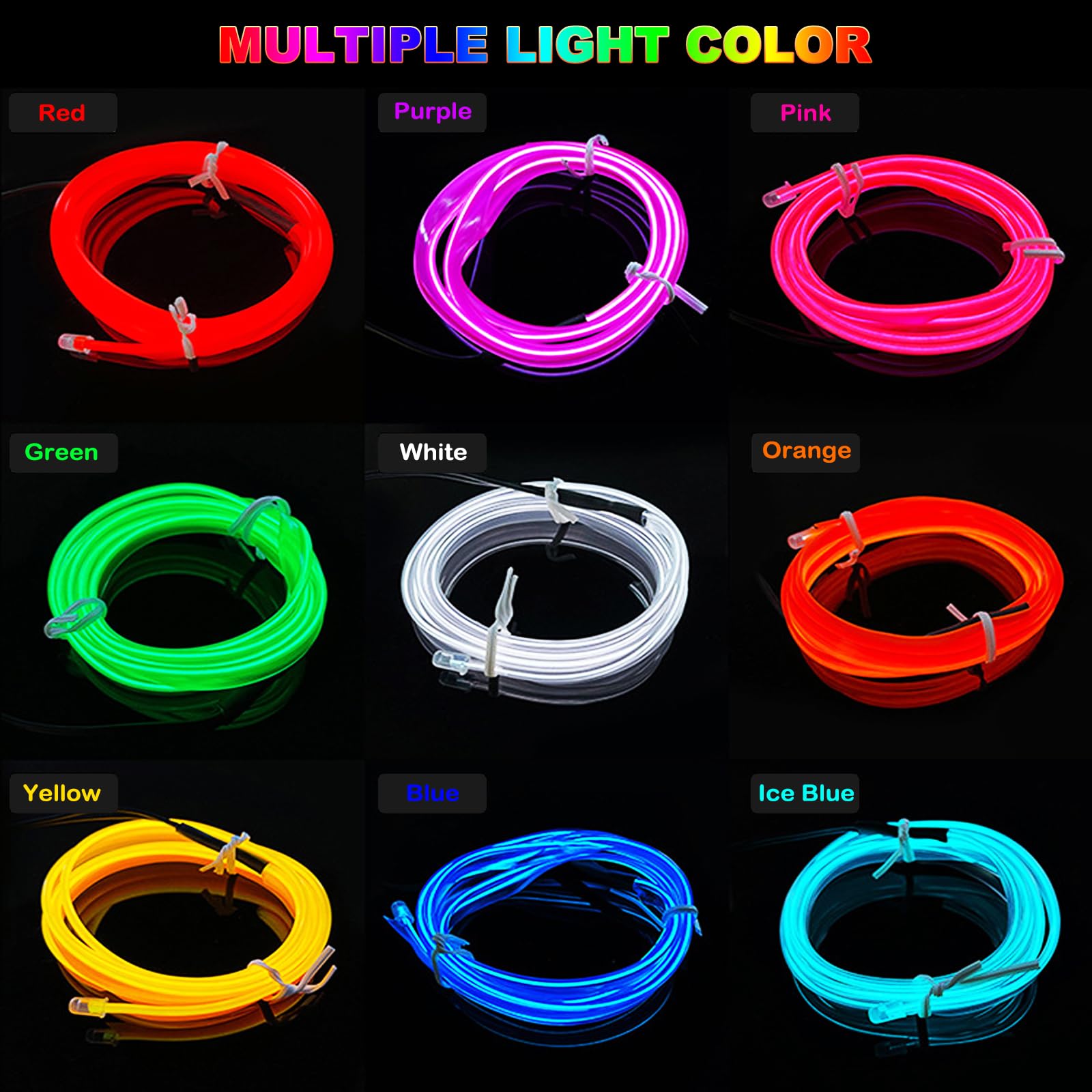 EL Wire Car LED Lights - 16.5FT USB Interior Car Ambient Lighting Strip with Switch & 8 Flashing Modes - Blue Under Dash Neon Glow Lights for Car Interior Decoration (Perfect for Night Driving, Car Shows & Vehicle Customization)