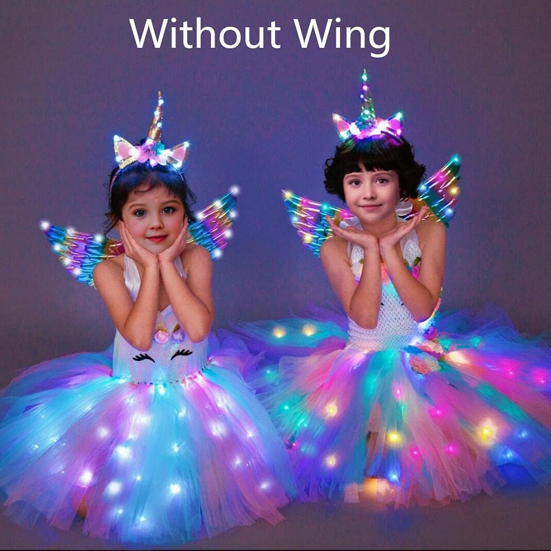 **LED Light Up Unicorn Tutu Dress for Girls - Sparkling Pink Costume with Flower Headband for Birthday Party, Halloween & Dress Up Play**