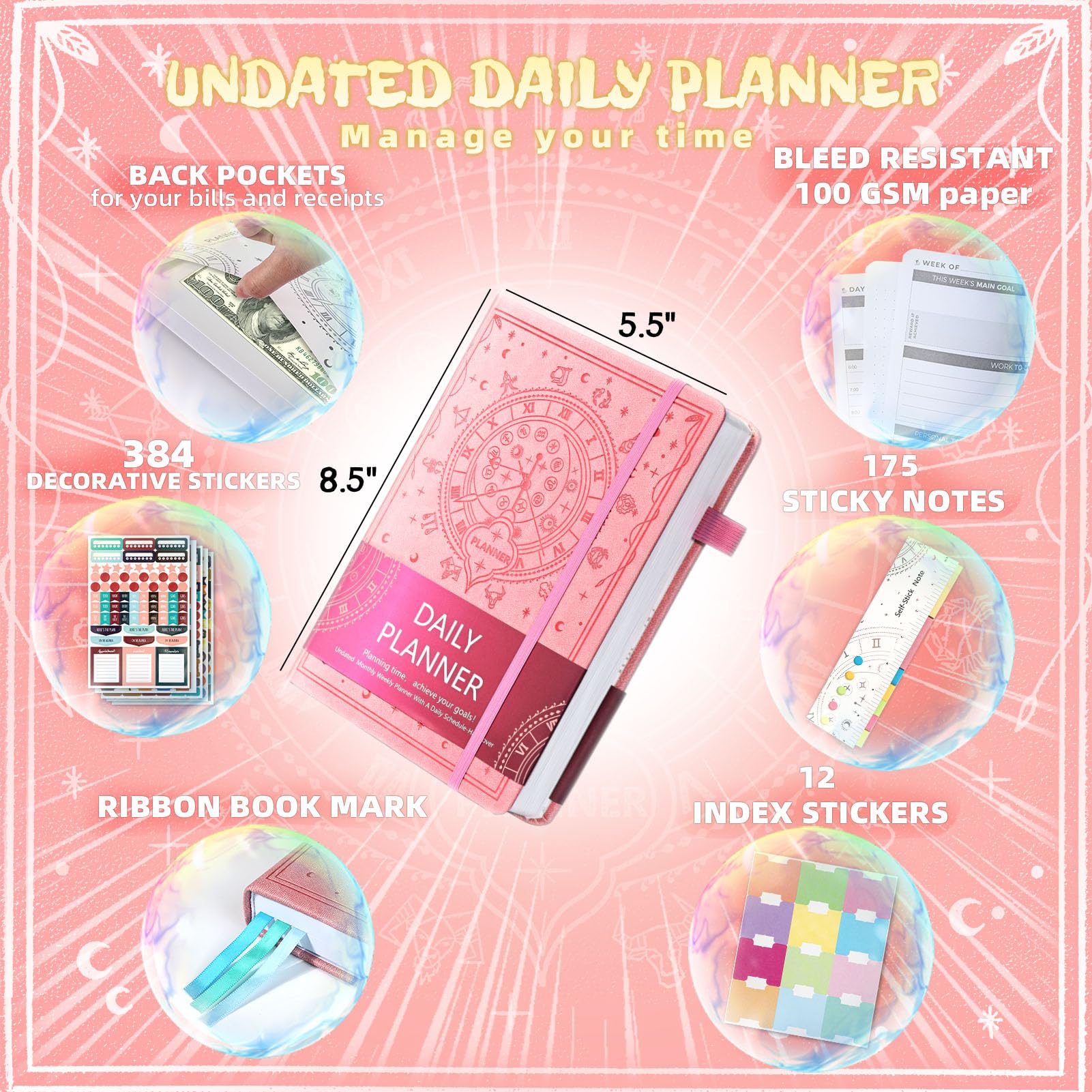 Ospelelf 2025 Leather Undated Daily Planner (5.5 x 8.5'') - Weekly & Monthly Life Organizer, Productivity Journal Notebook with Stickers, A5 Hardcover (Pink) | Perfect for Work, School, Goal Tracking & Personal Planning