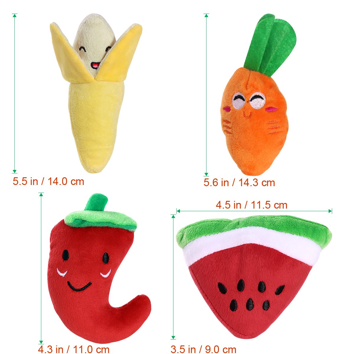 UEETEK 4 Pack Plush Squeaky Chew Toys for Dogs & Cats - Carrot, Watermelon, Banana & Pepper Shapes - Puppy Training, Teething Relief & Interactive Play