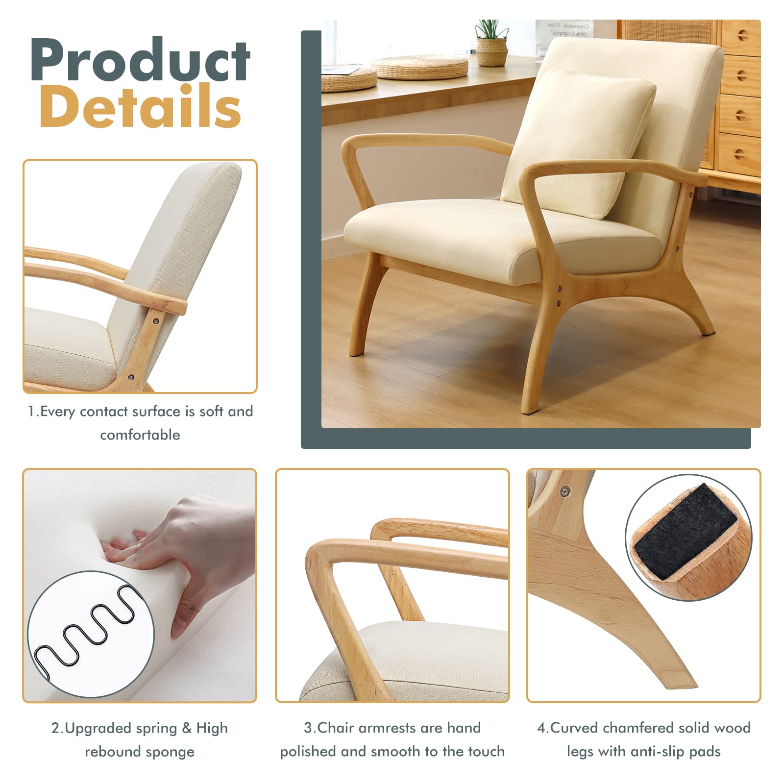 Mid-Century Modern Accent Chair with Cushion - 28.3