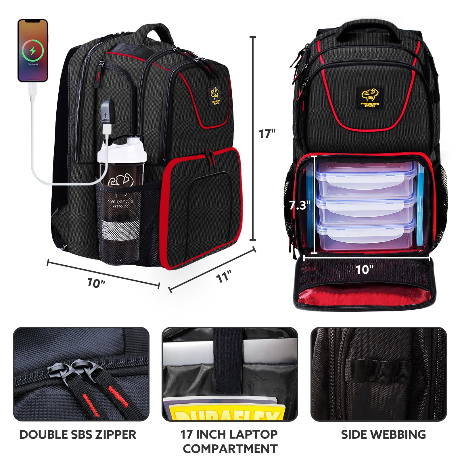 **519 Fitness Meal Prep Backpack - Insulated Cooler Lunch Bag with Laptop Compartment, Hiking & Picnic Backpack for Men & Women, Includes 3 Meal Containers, 2 Ice Packs & Protein Shaker - Perfect for Gym, Work, Travel & Outdoor Adventures**