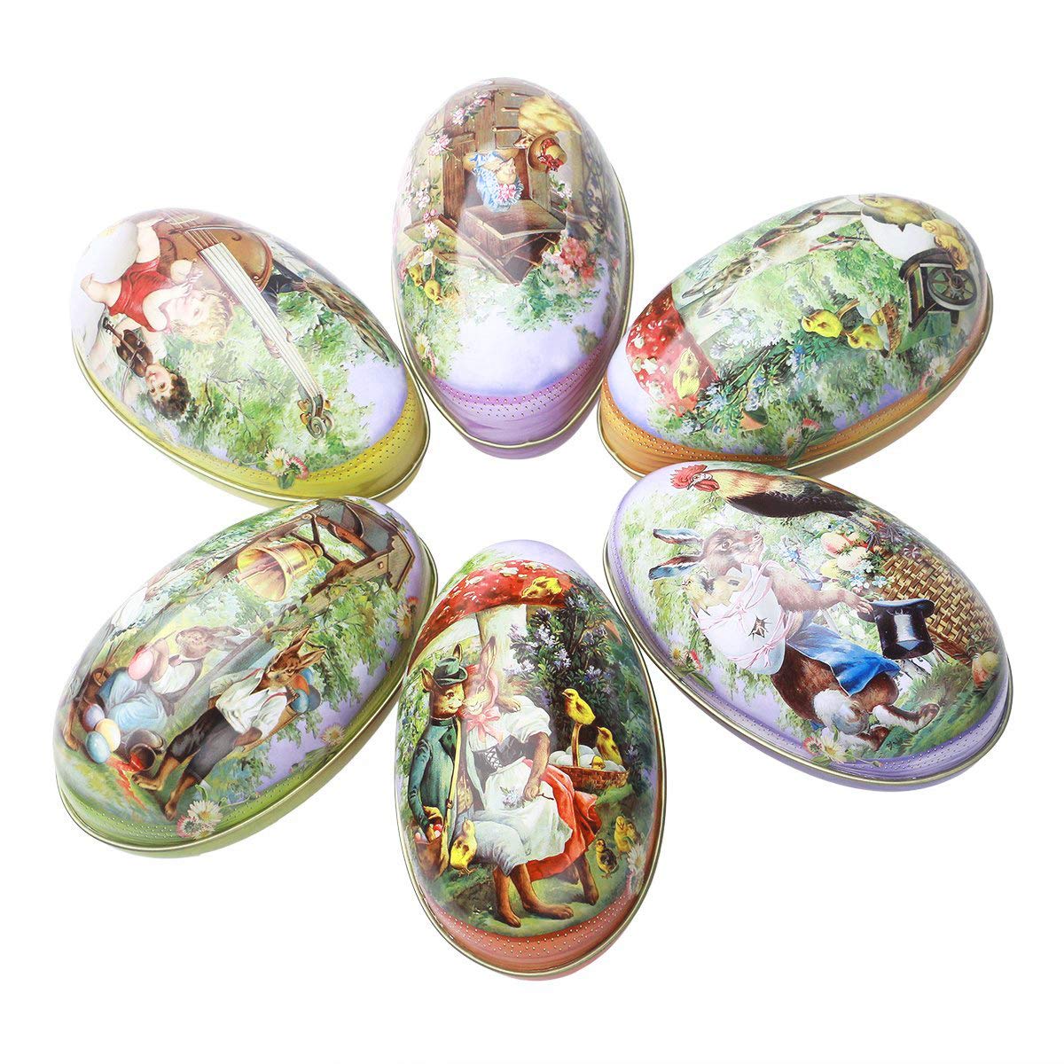 Vintage Easter Egg Decorations - Set of 6 Large Metal Easter Eggs with Bunny & Chicken Patterns - Empty Decorative Ornaments for Easter Basket Fillers, Spring Home Decor, and Holiday Table Centerpieces