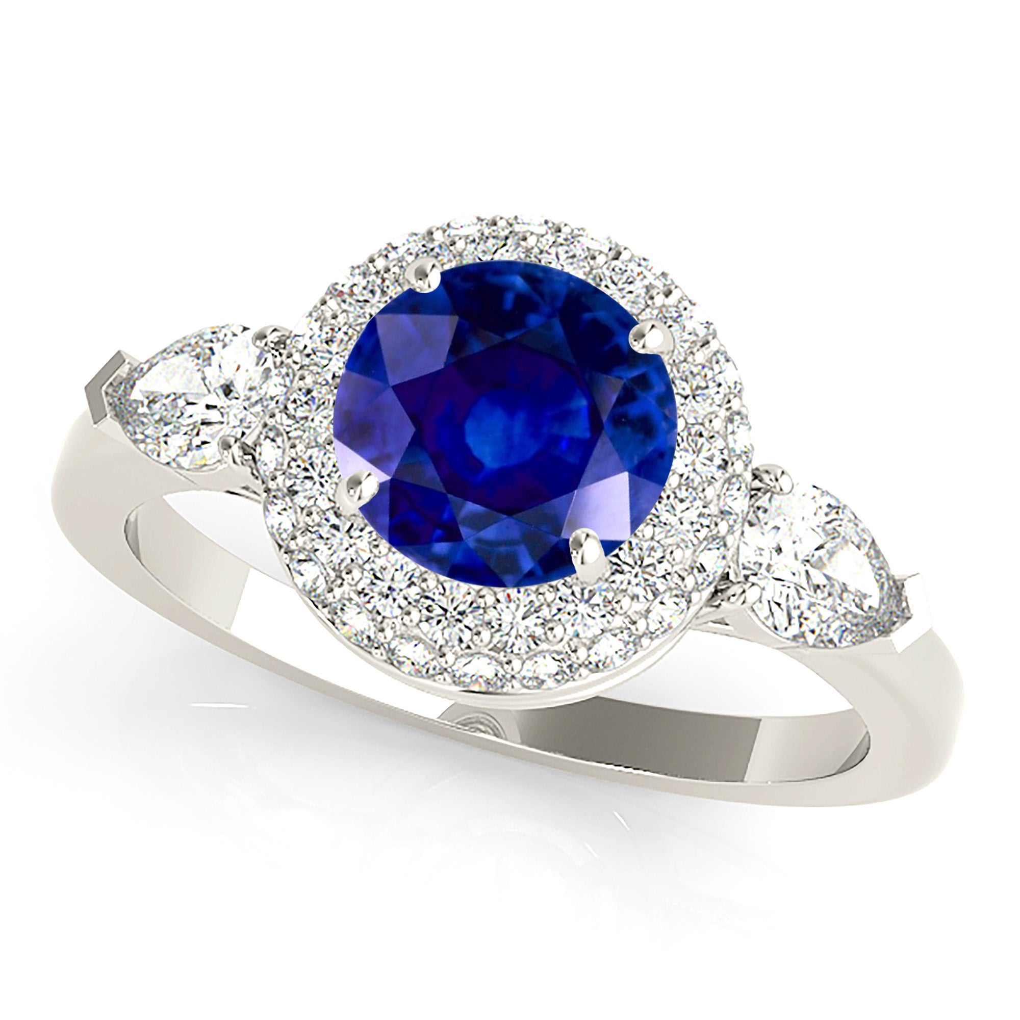 1.35 Carat Genuine Blue Sapphire Pave Halo Ring - Elegant Engagement, Wedding, Anniversary Jewelry Gift for Her