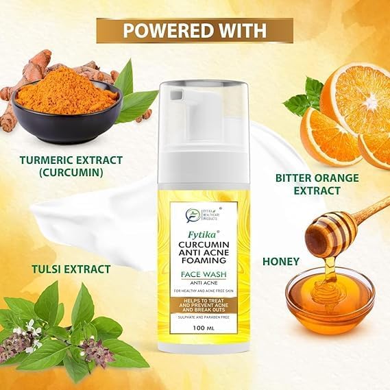 Best Anti-Acne Foaming Face Wash with Curcumin & Natural Extracts - Deep Cleansing & Exfoliating for Clear Skin | Prevents Breakouts for Women & Men | 100ml | Perfect for Daily Skincare & Acne-Prone Skin