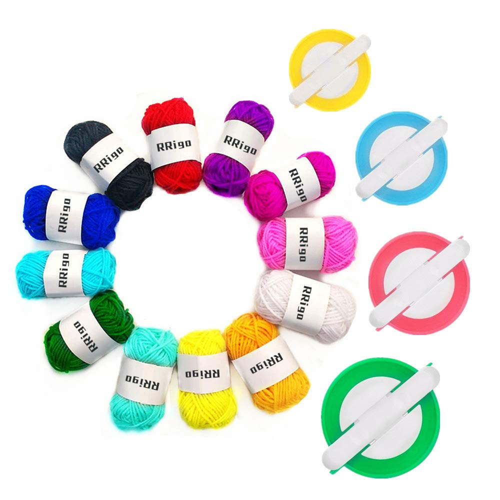 4 Sizes Pom Pom Maker Kit - DIY Fluffy Yarn Ball Weaving Tool Set for Knitting, Crochet & Craft Projects - Includes 12Pcs Acrylic Yarn - Perfect for Kids & Adults Crafting, Home Decor & Gift Making