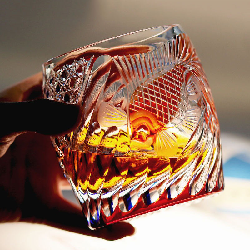 Handcrafted Edo Kiriko Koi Whisky Glass & Tea Cup - Japanese Artisan Cut Crystal for Whiskey, Cocktails & Tea Ceremony - Perfect Gift for Collectors & Home Bar Decor