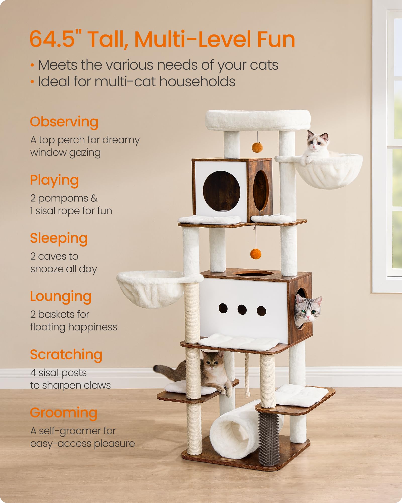Feandrea 64.5-Inch Cat Tree for Large Cats - Multi-Level Cat Tower with 2 Caves, 2 Hammocks, 4 Scratching Posts, Self-Groomer & Perch - Modern Cat Condo Furniture for Indoor Cats (Rustic Brown) - Perfect for Living Rooms, Bedrooms & Home Offices