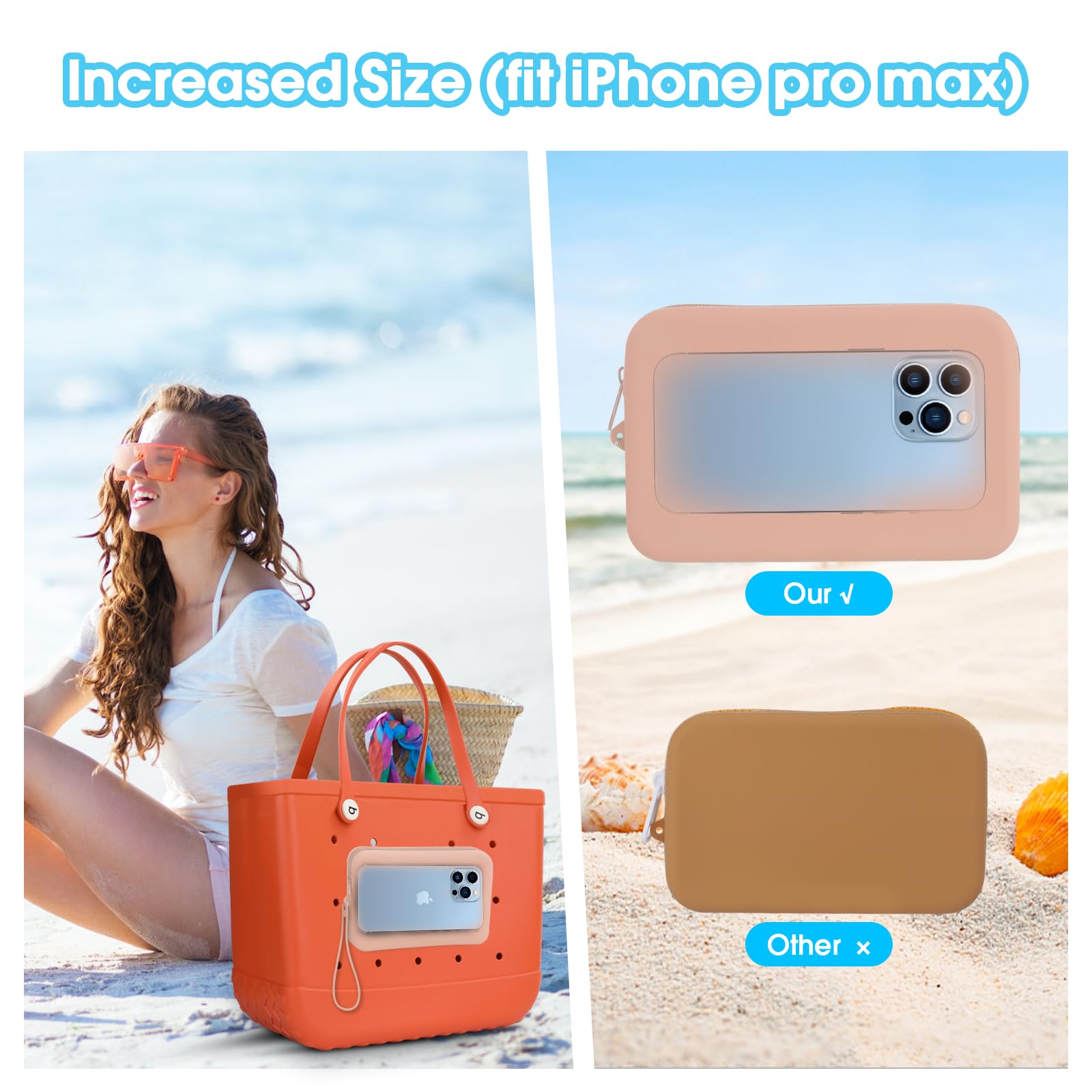 Bogg Bag Accessories Set - Large Pink Silicone Phone Holder, Charm & Zipper Wallet with Lanyard for Beach Tote Bags | Perfect for Pool, Vacation & Outdoor Activities